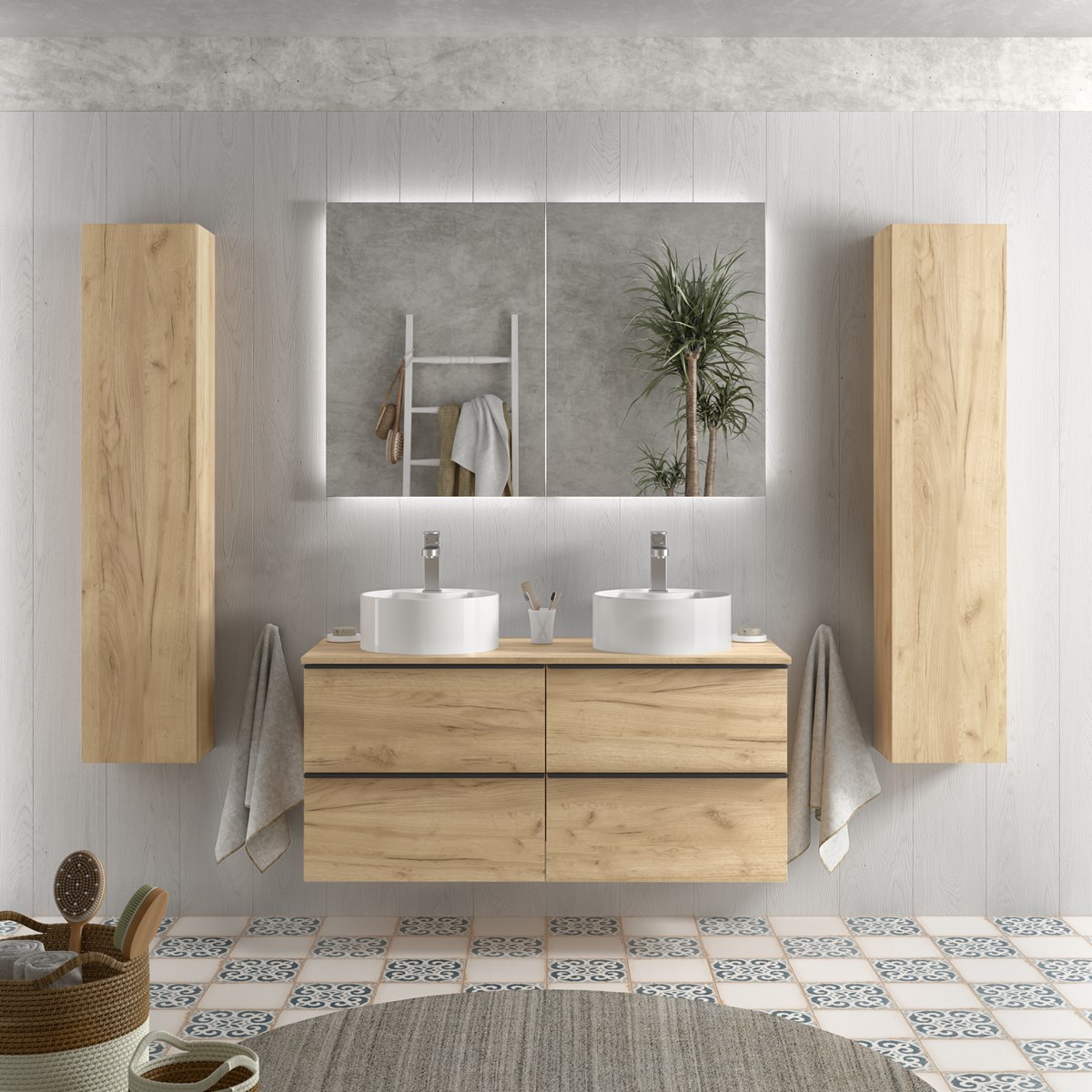 Imagen 2 de Mueble de baño con 4 cajones tirador de pestaña y lavabo sobre encimera Nabua Salgar - Roble 120 cm Roble