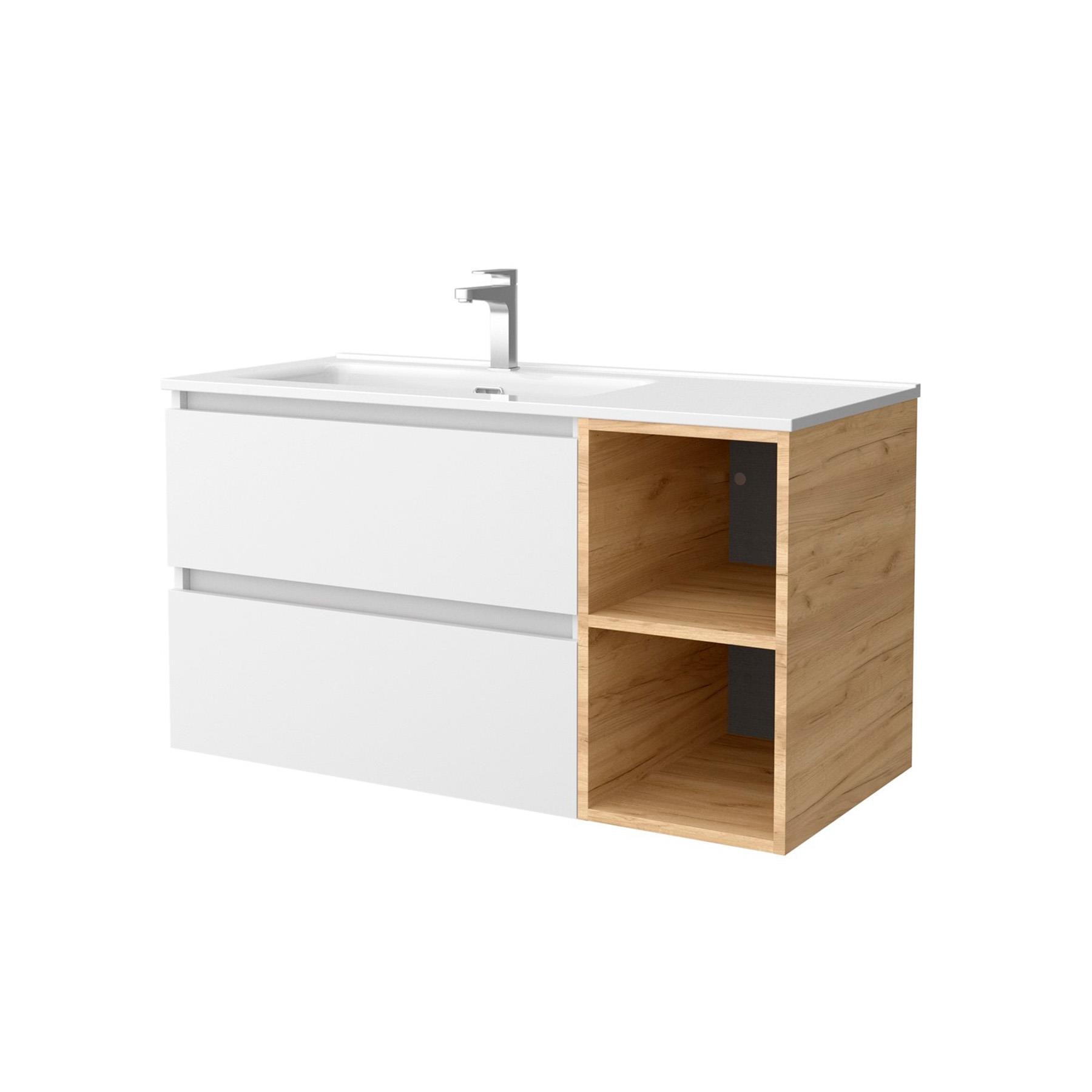 Imagen 1 de Mueble de baño con 2 cajones coqueta derecha 2 huecos y Lavabo integrado Bequia Salgar - Blanco / Roble 100 cm Blanco / Roble