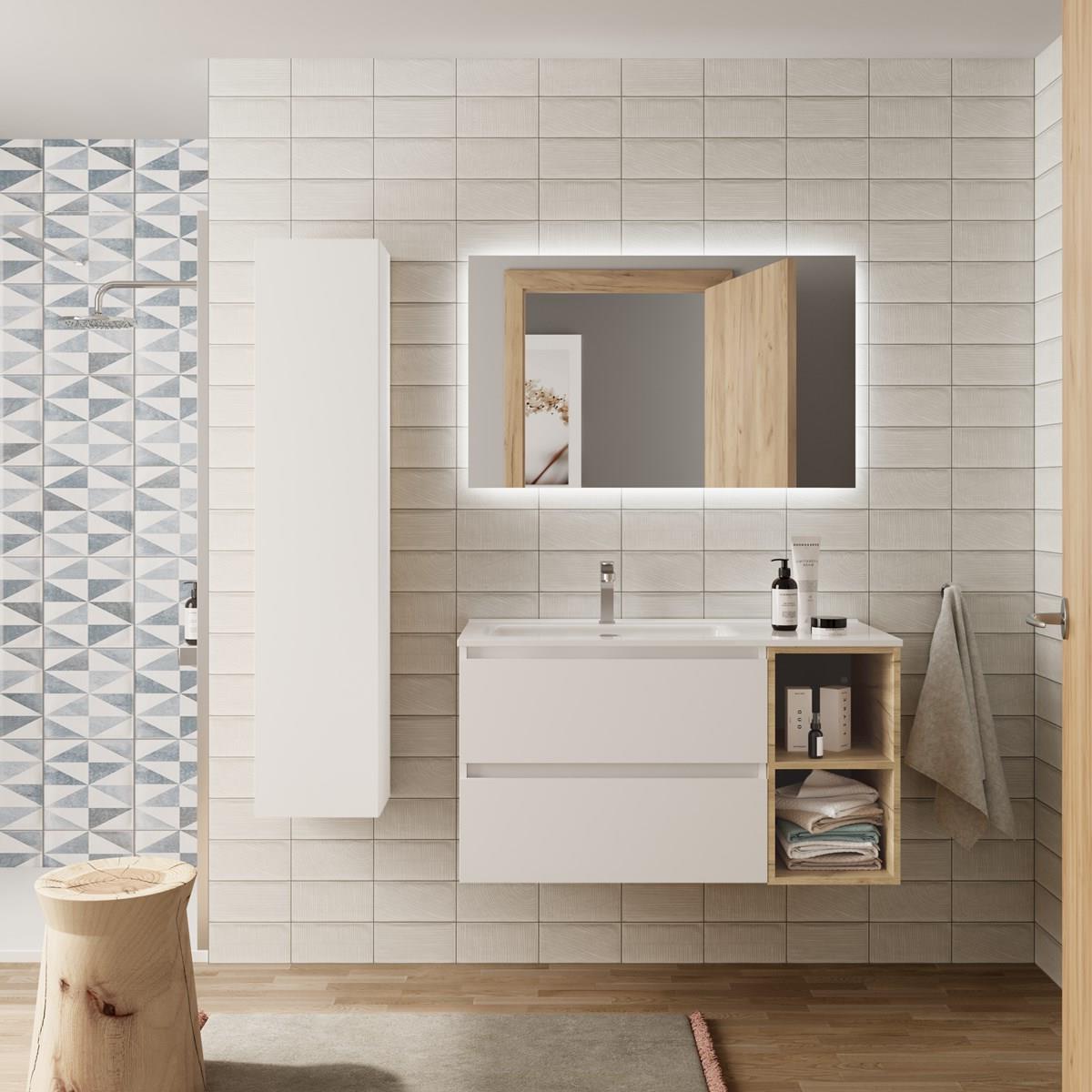 Imagen 2 de Mueble de baño con 2 cajones coqueta derecha 2 huecos y Lavabo integrado Bequia Salgar - Blanco / Roble 100 cm Blanco / Roble