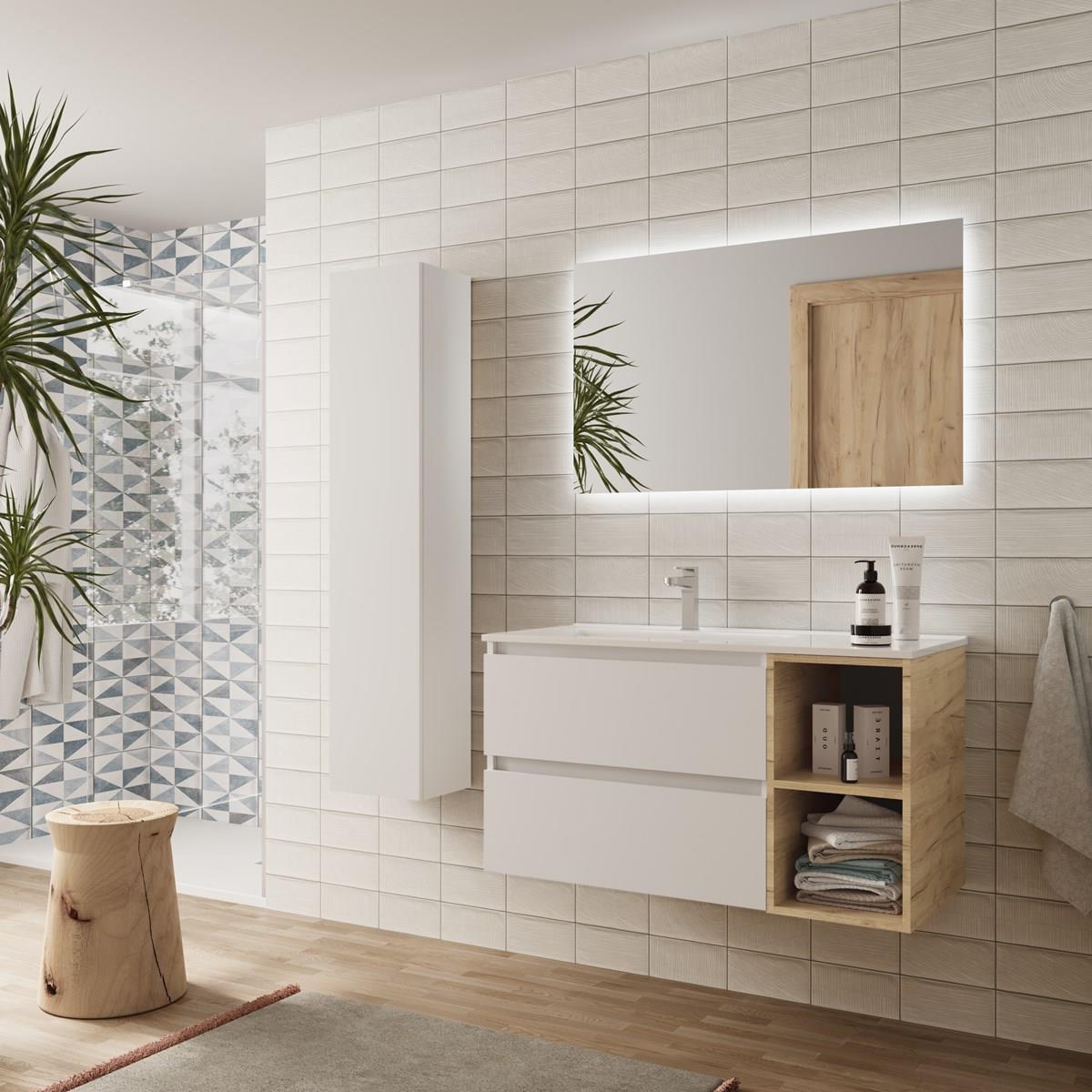 Imagen 3 de Mueble de baño con 2 cajones coqueta derecha 2 huecos y Lavabo integrado Bequia Salgar - Blanco / Roble 100 cm Blanco / Roble