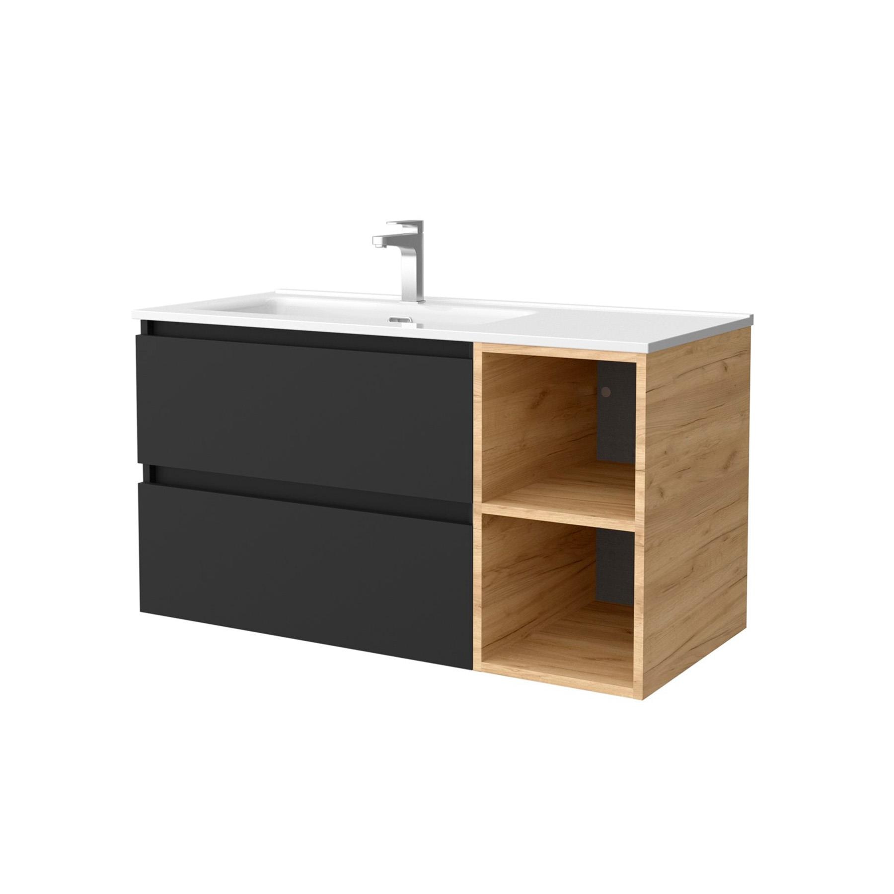 Imagen 1 de Mueble de baño con 2 cajones coqueta derecha 2 huecos y Lavabo integrado Bequia Salgar - Negro 100 cm Negro