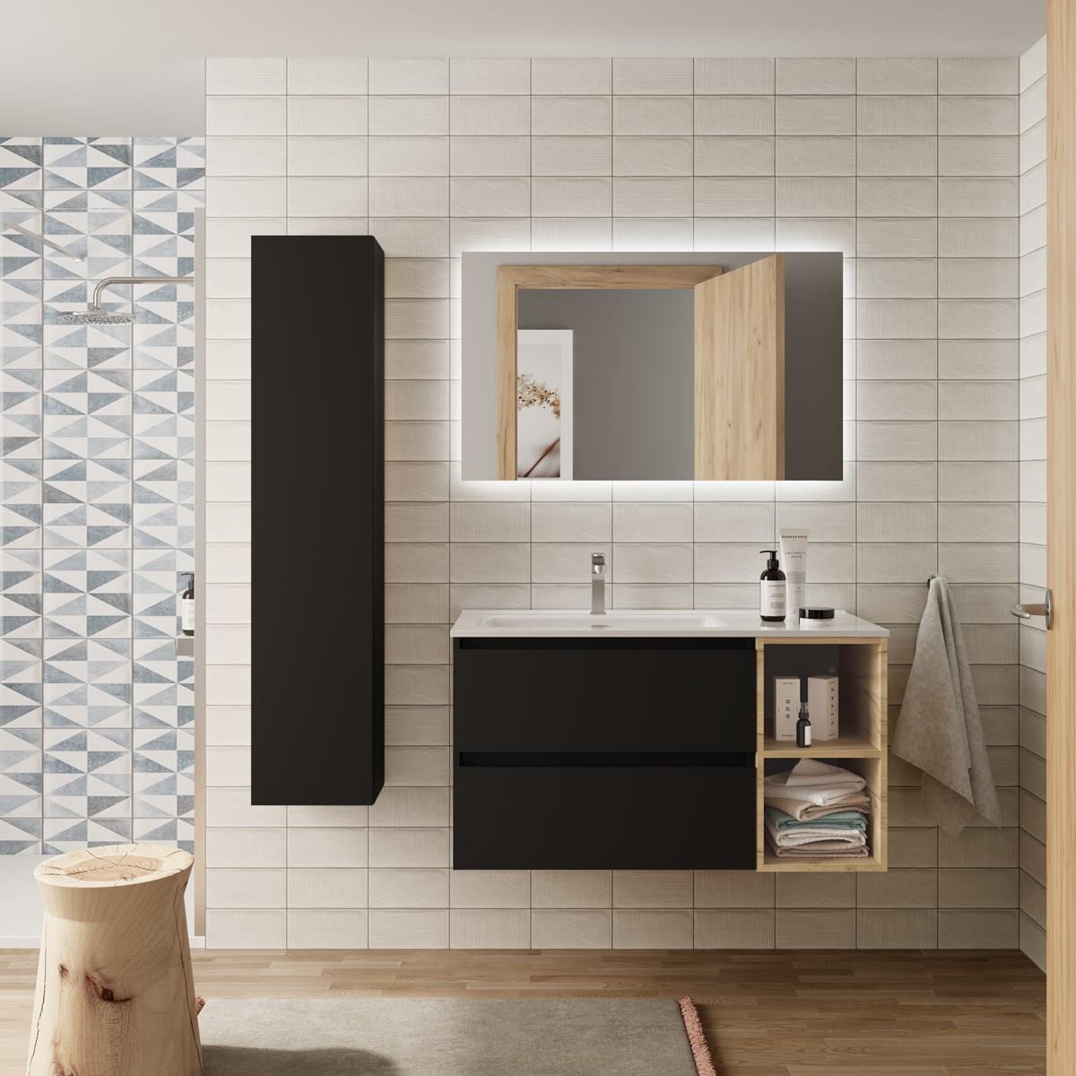 Imagen 2 de Mueble de baño con 2 cajones coqueta derecha 2 huecos y Lavabo integrado Bequia Salgar - Negro 100 cm Negro