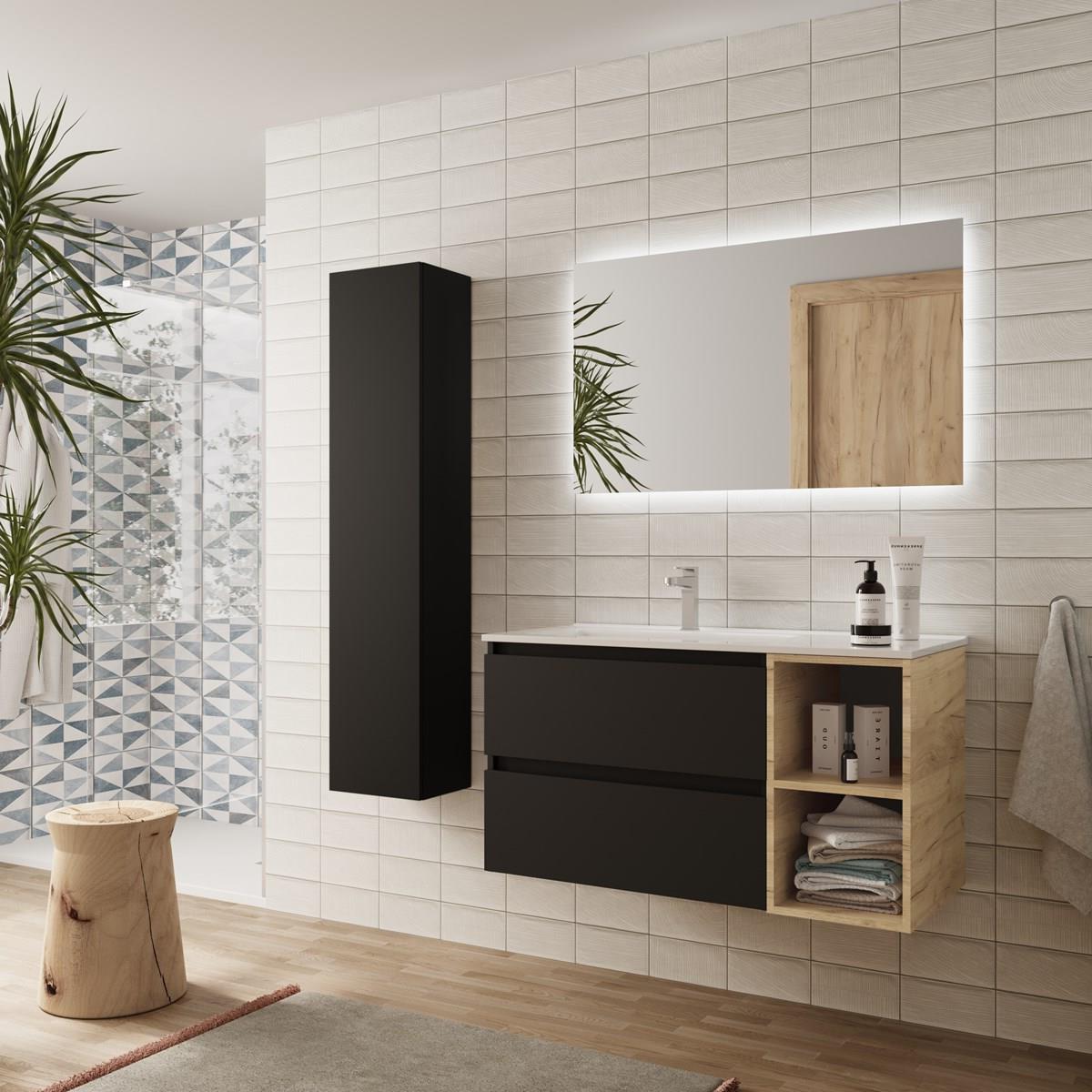 Imagen 3 de Mueble de baño con 2 cajones coqueta derecha 2 huecos y Lavabo integrado Bequia Salgar - Negro 100 cm Negro