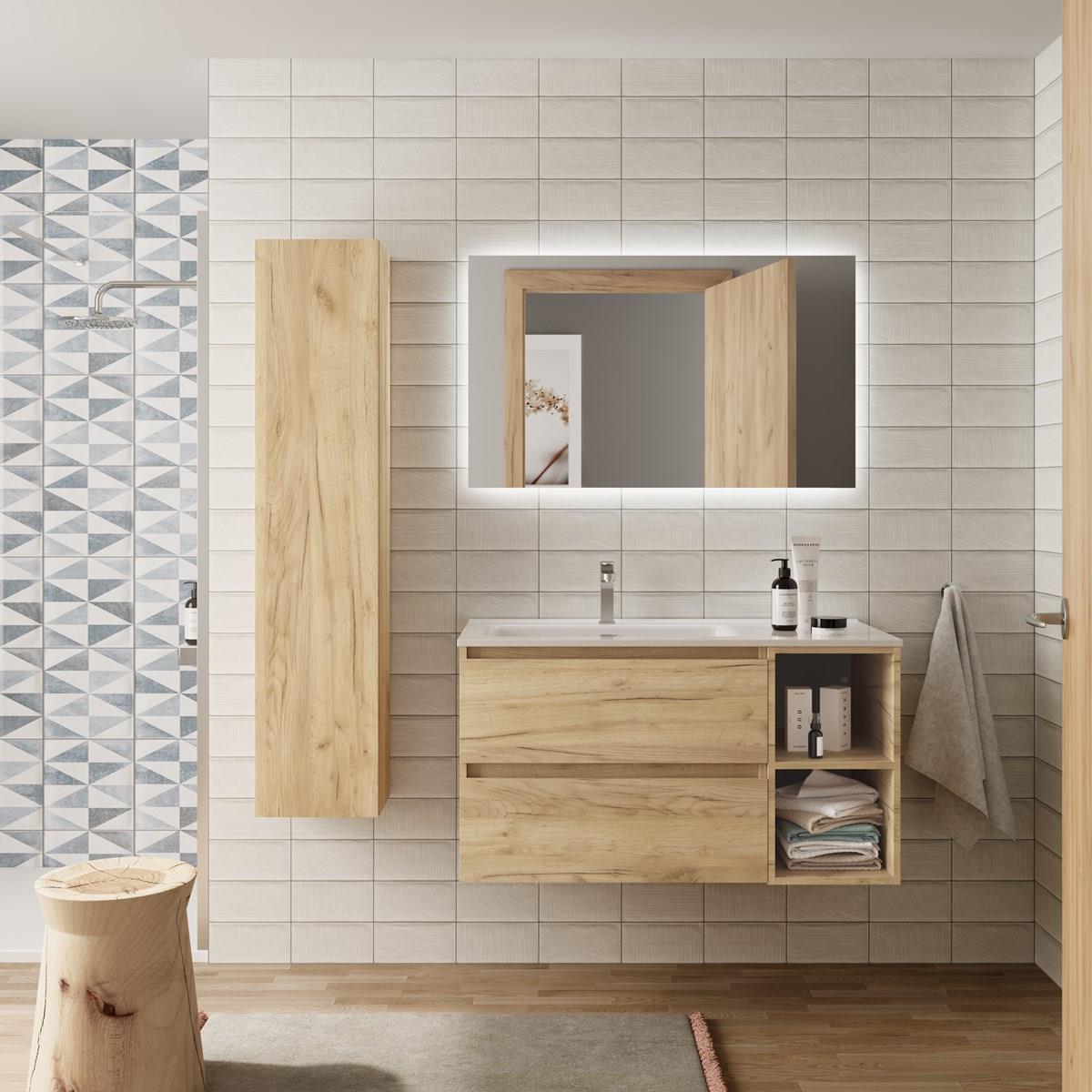 Imagen 2 de Mueble de baño con 2 cajones coqueta derecha 2 huecos y Lavabo integrado Bequia Salgar - Roble 100 cm Roble