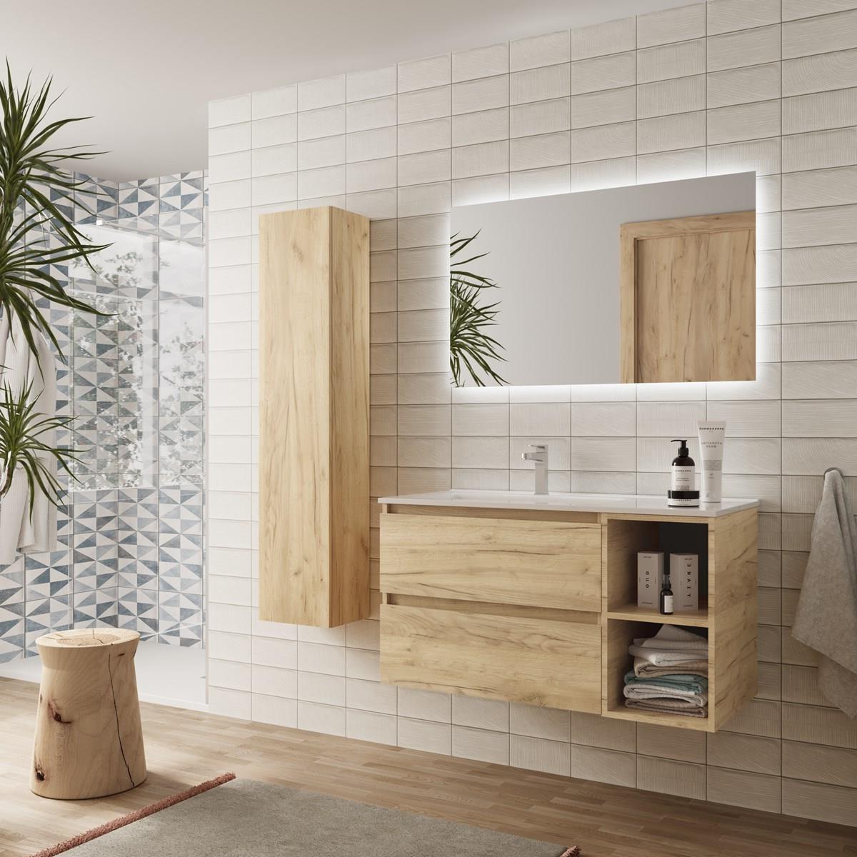 Imagen 3 de Mueble de baño con 2 cajones coqueta derecha 2 huecos y Lavabo integrado Bequia Salgar - Roble 100 cm Roble