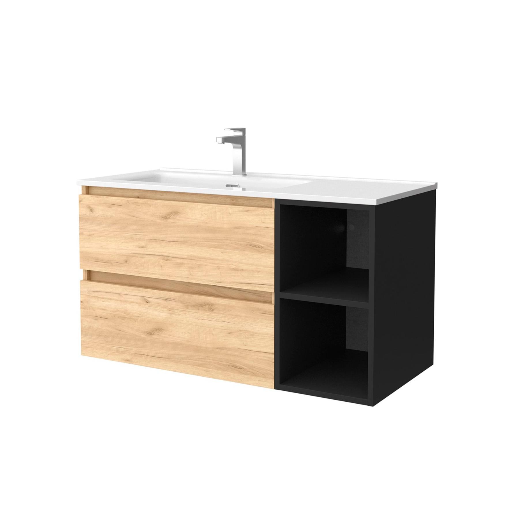 Imagen 1 de Mueble de baño con 2 cajones coqueta derecha 2 huecos y Lavabo integrado Bequia Salgar - Roble / Negro 100 cm Roble / Negro