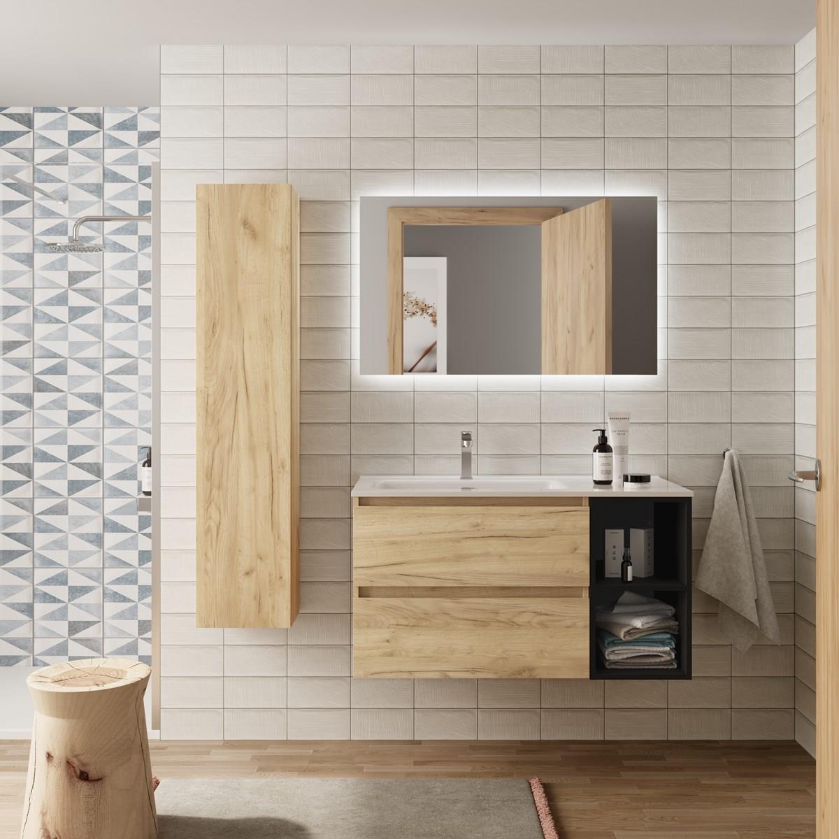 Imagen 2 de Mueble de baño con 2 cajones coqueta derecha 2 huecos y Lavabo integrado Bequia Salgar - Roble / Negro 100 cm Roble / Negro