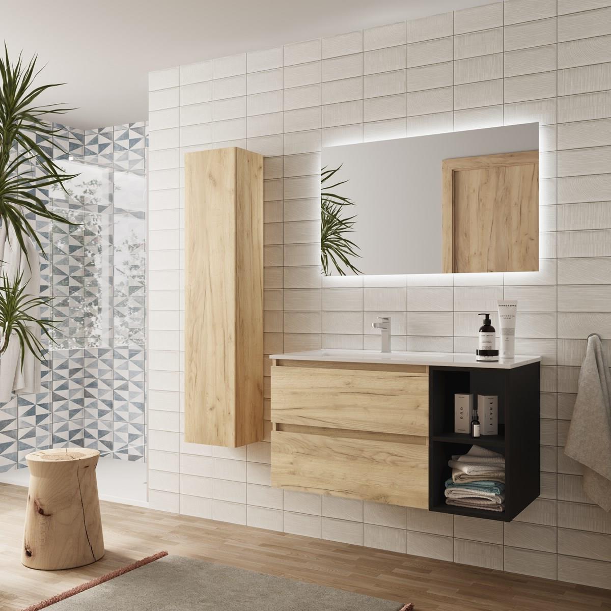 Imagen 3 de Mueble de baño con 2 cajones coqueta derecha 2 huecos y Lavabo integrado Bequia Salgar - Roble / Negro 100 cm Roble / Negro