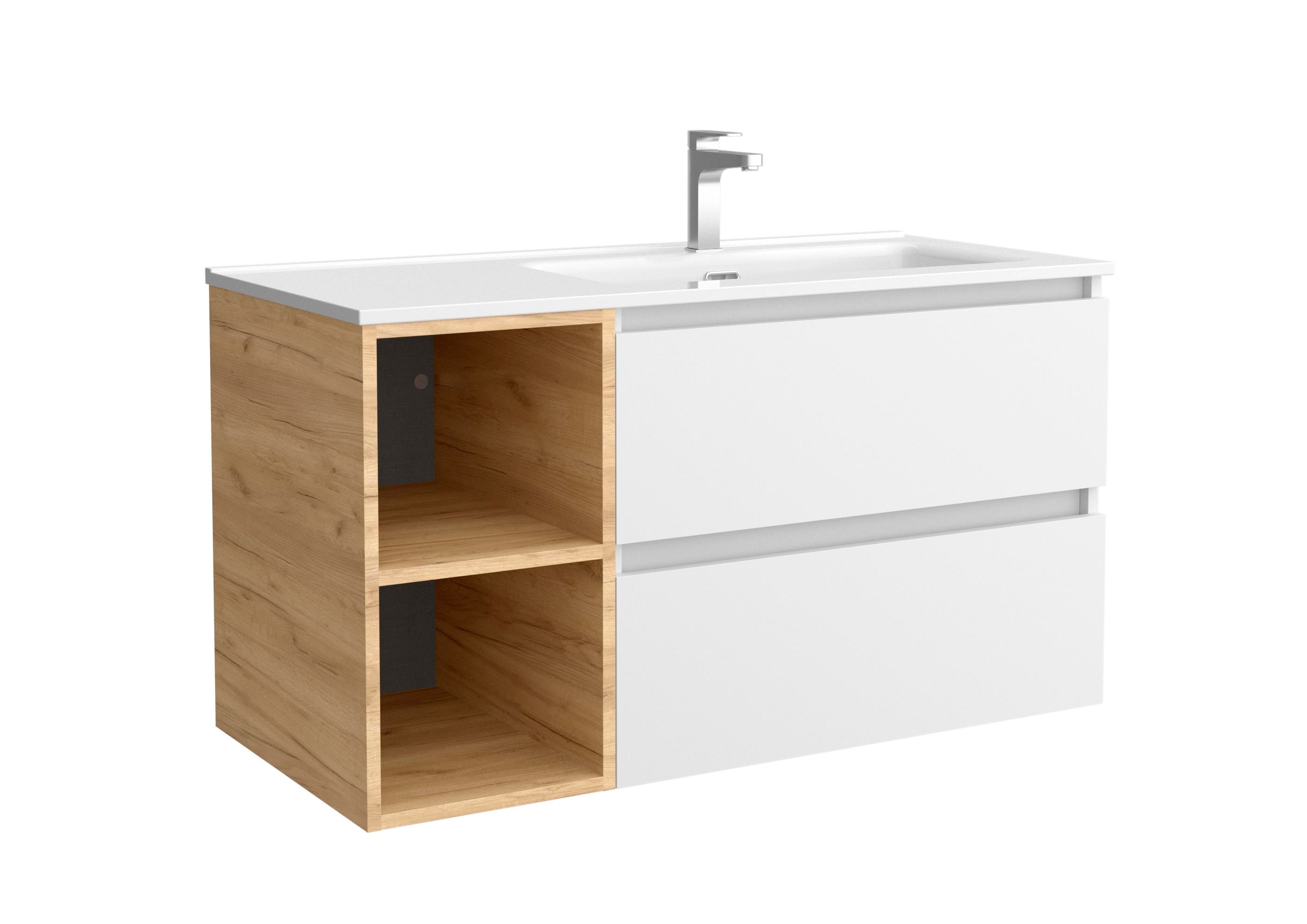 Imagen 1 de Mueble de baño con 2 cajones coqueta izquierda 2 huecos y Lavabo integrado Bequia Salgar - Blanco / Roble 100 cm Blanco / Roble
