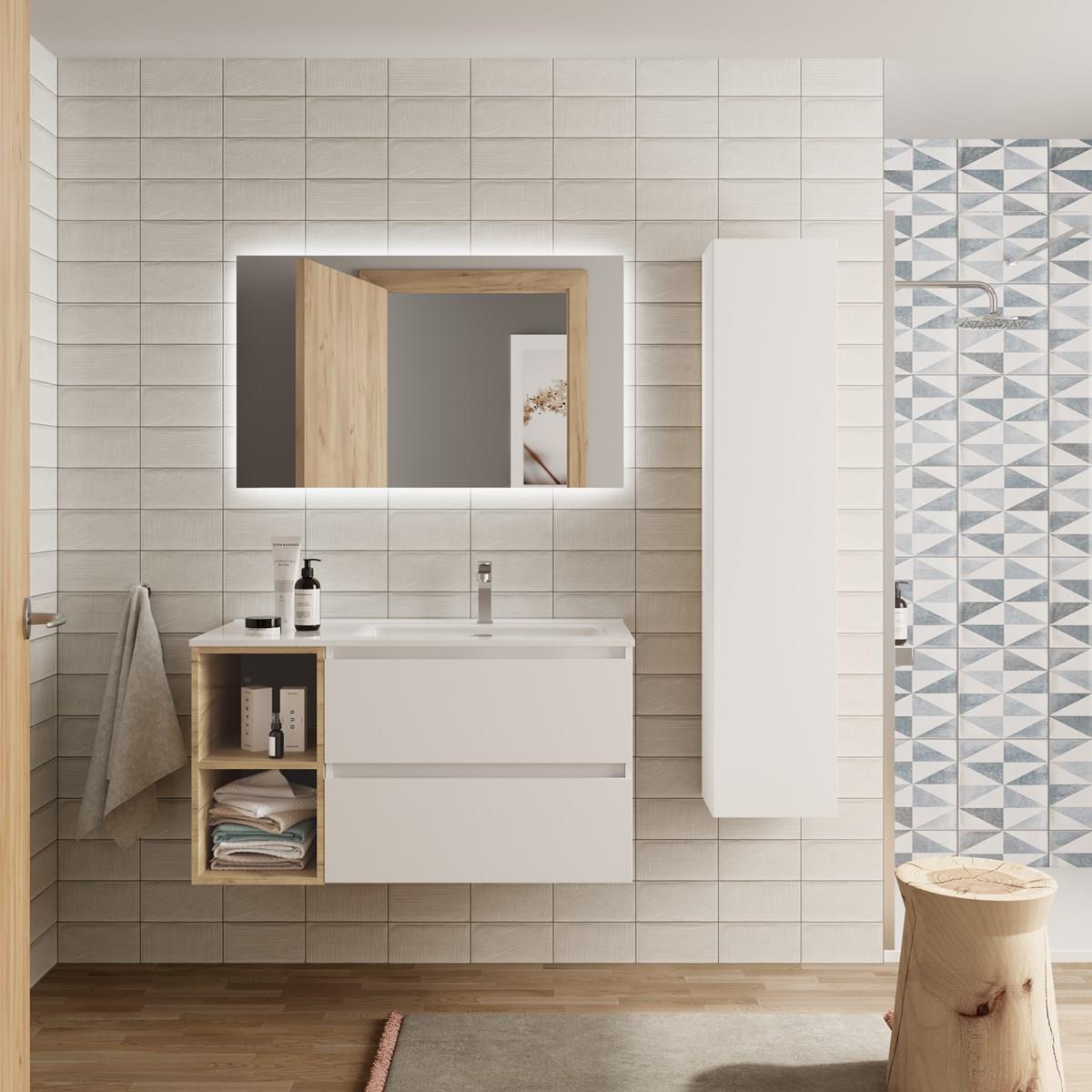 Imagen 2 de Mueble de baño con 2 cajones coqueta izquierda 2 huecos y Lavabo integrado Bequia Salgar - Blanco / Roble 100 cm Blanco / Roble