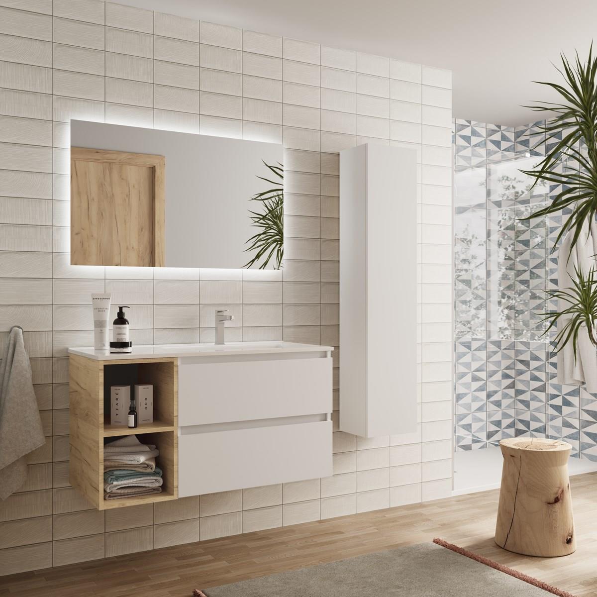 Imagen 3 de Mueble de baño con 2 cajones coqueta izquierda 2 huecos y Lavabo integrado Bequia Salgar - Blanco / Roble 100 cm Blanco / Roble