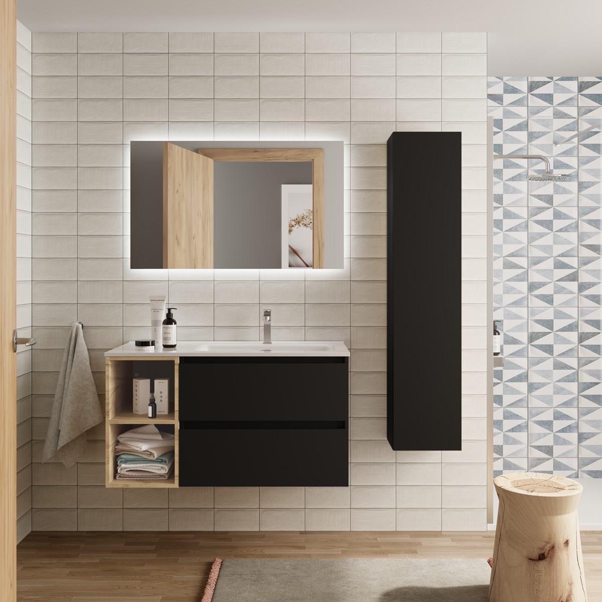 Imagen 2 de Mueble de baño con 2 cajones coqueta izquierda 2 huecos y Lavabo integrado Bequia Salgar - Negro 90 cm Negro