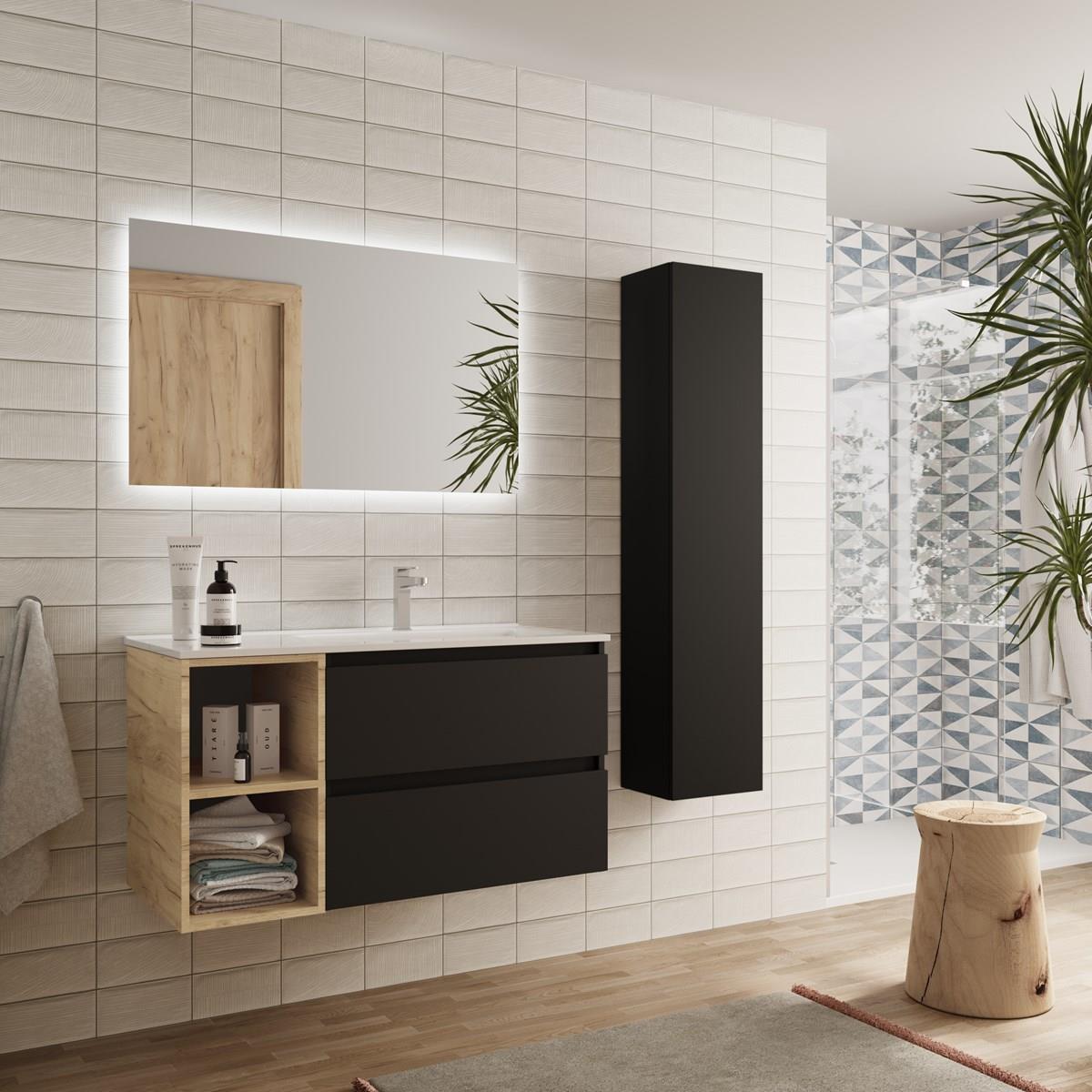 Imagen 3 de Mueble de baño con 2 cajones coqueta izquierda 2 huecos y Lavabo integrado Bequia Salgar - Negro 90 cm Negro