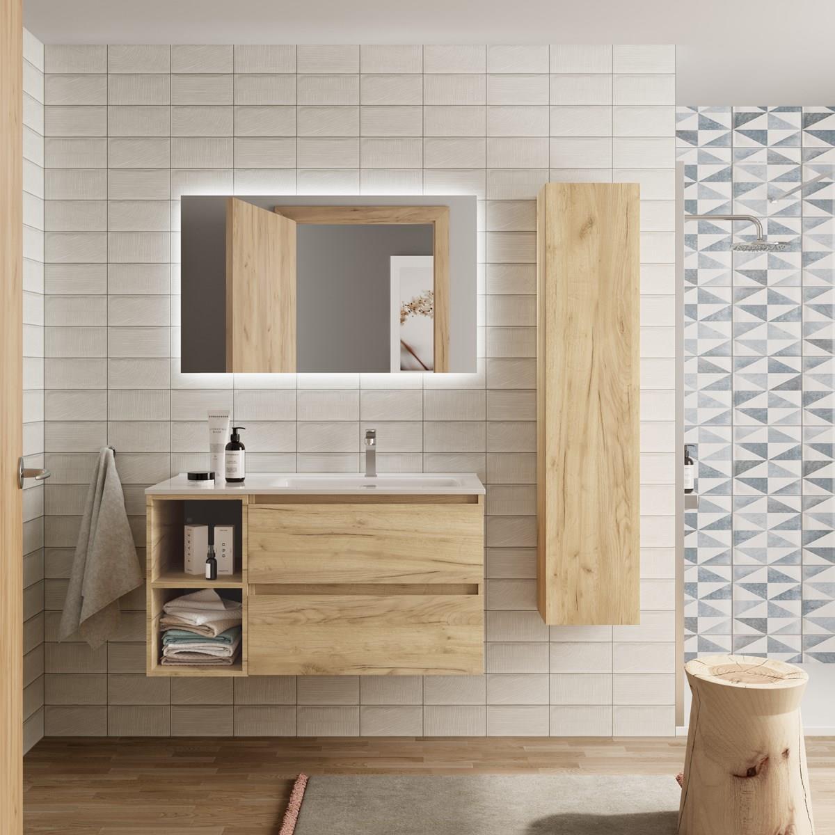 Imagen 2 de Mueble de baño con 2 cajones coqueta izquierda 2 huecos y Lavabo integrado Bequia Salgar - Roble 100 cm Roble
