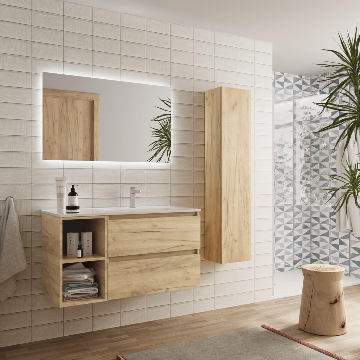 Imagen 3 de Mueble de baño con 2 cajones coqueta izquierda 2 huecos y Lavabo integrado Bequia Salgar - Roble 100 cm Roble