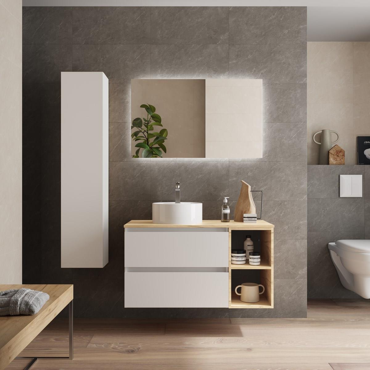 Imagen 2 de Mueble de baño 2 cajones coqueta derecha 2 huecos y Lavabo sobre encimera Bequia Salgar - Blanco / Roble 100 cm Blanco / Roble