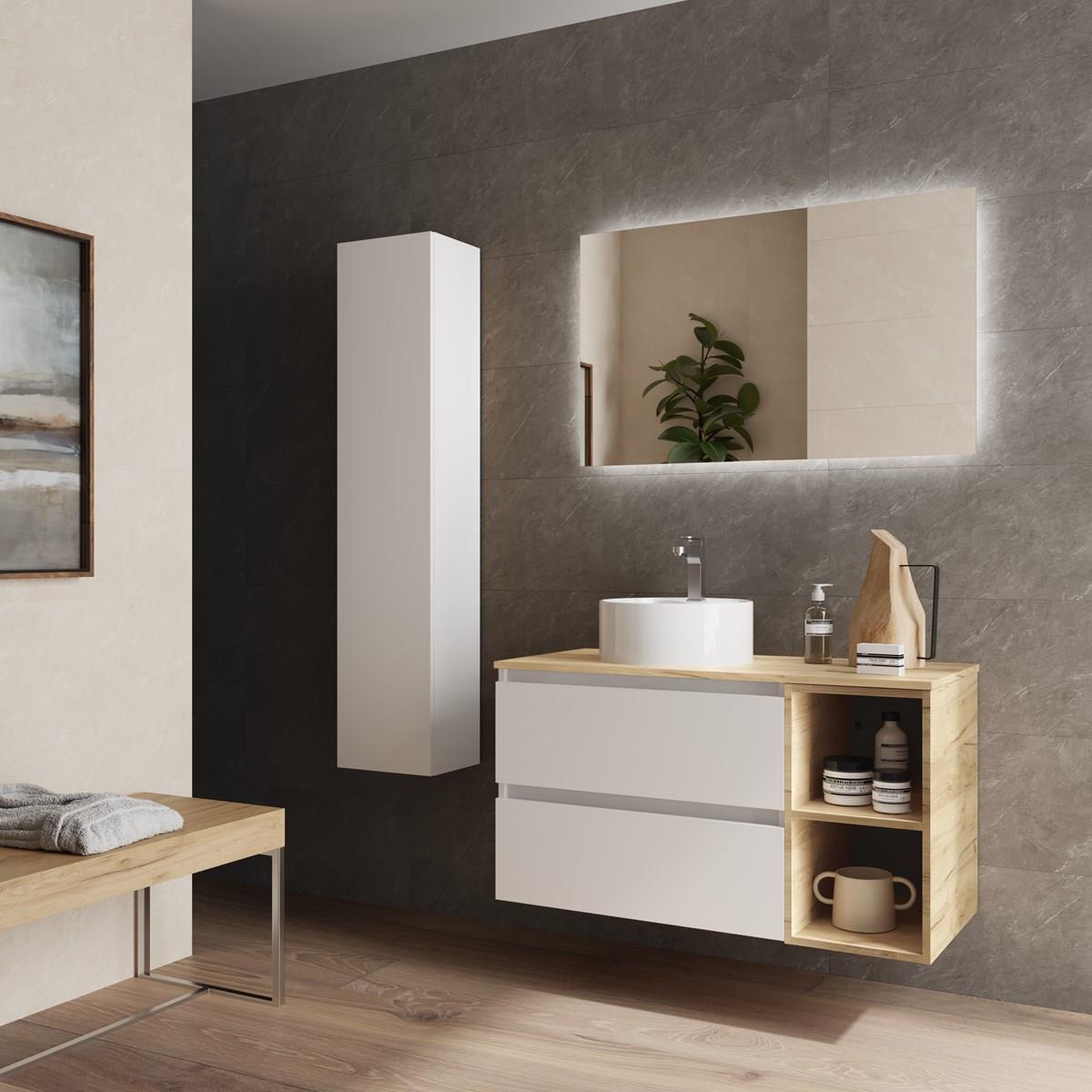 Imagen 3 de Mueble de baño 2 cajones coqueta derecha 2 huecos y Lavabo sobre encimera Bequia Salgar - Blanco / Roble 100 cm Blanco / Roble