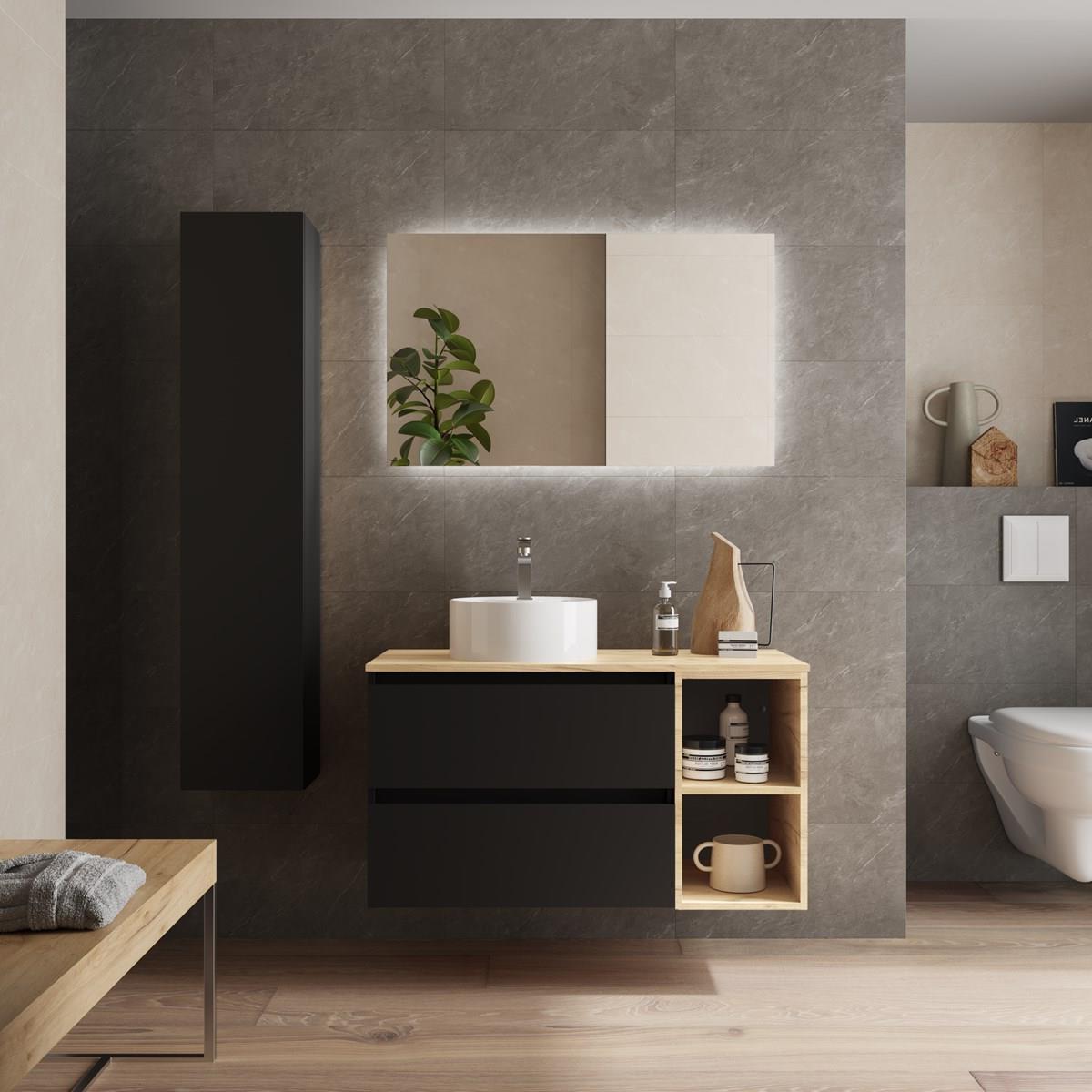 Imagen 2 de Mueble de baño 2 cajones coqueta derecha 2 huecos y Lavabo sobre encimera Bequia Salgar - Negro 100 cm Negro