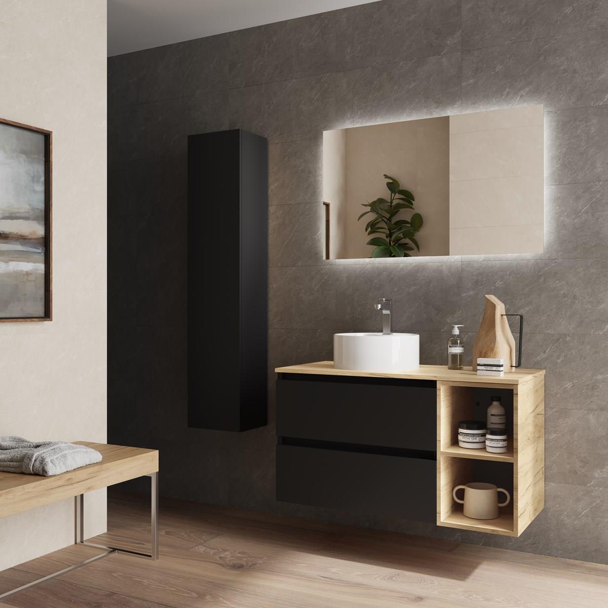 Imagen 3 de Mueble de baño 2 cajones coqueta derecha 2 huecos y Lavabo sobre encimera Bequia Salgar - Negro 100 cm Negro