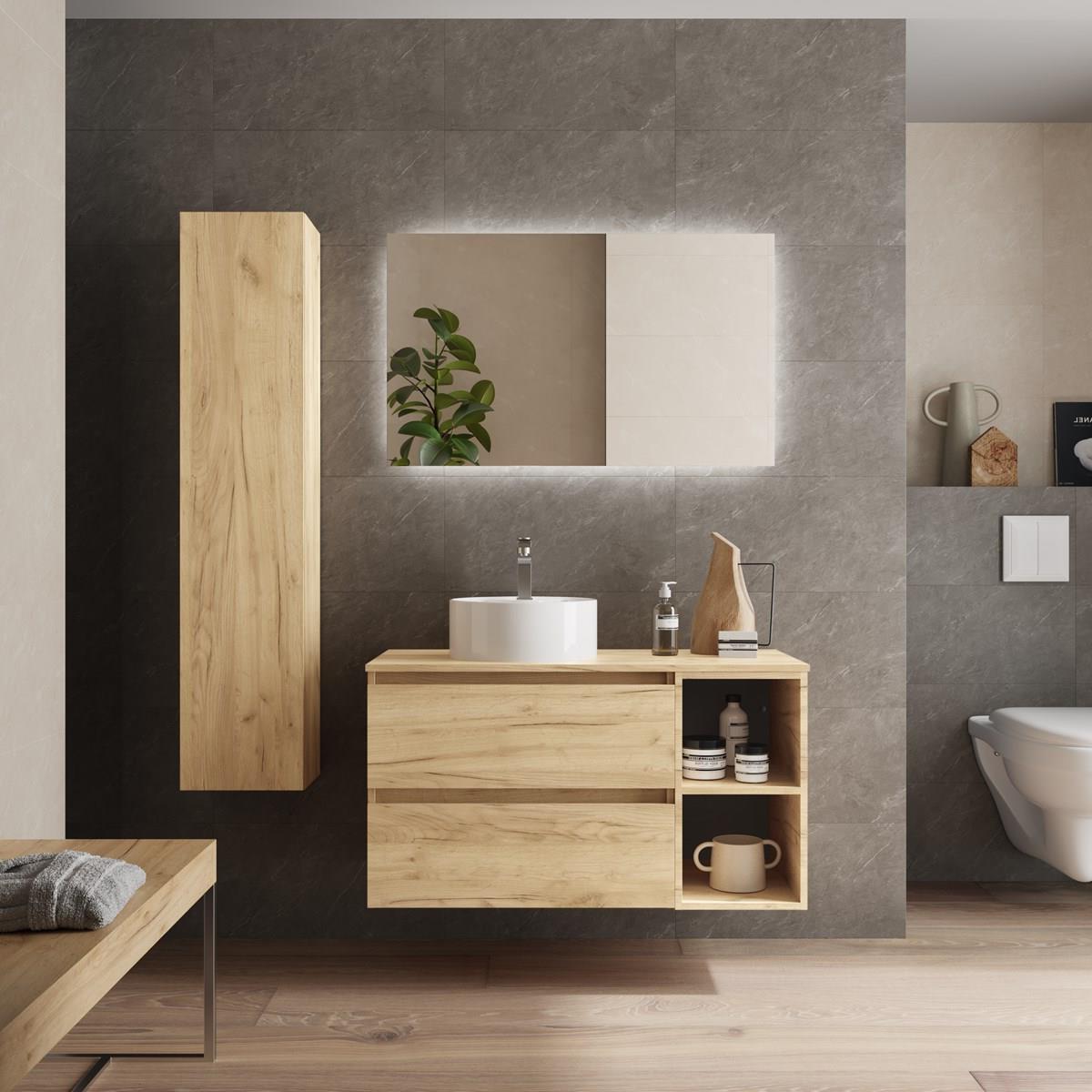 Imagen 2 de Mueble de baño 2 cajones coqueta derecha 2 huecos y Lavabo sobre encimera Bequia Salgar - Roble 100 cm Roble