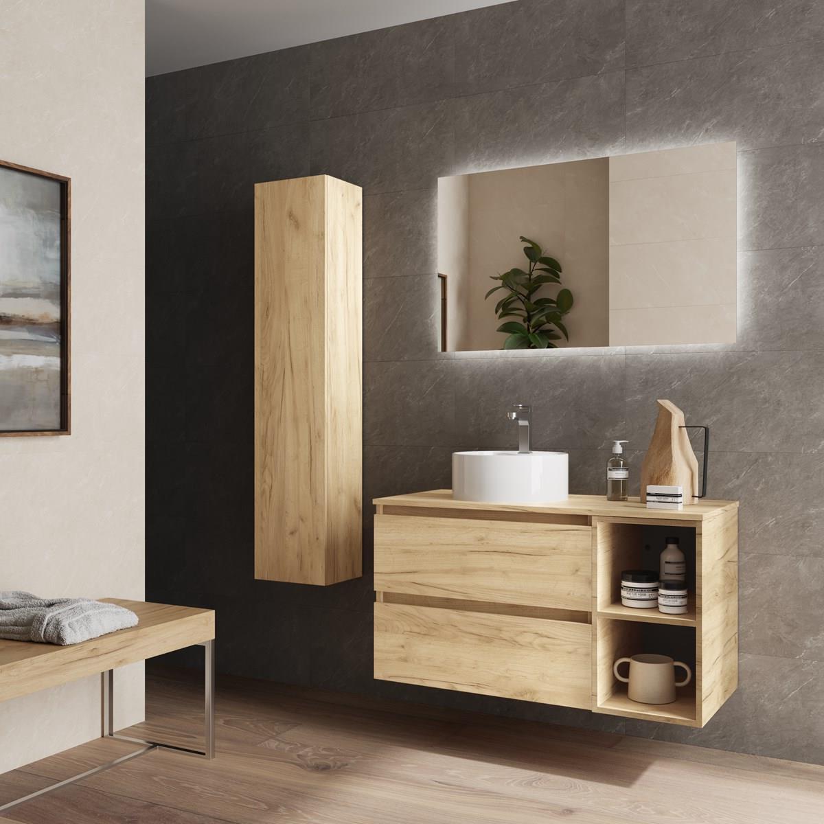 Imagen 3 de Mueble de baño 2 cajones coqueta derecha 2 huecos y Lavabo sobre encimera Bequia Salgar - Roble 100 cm Roble