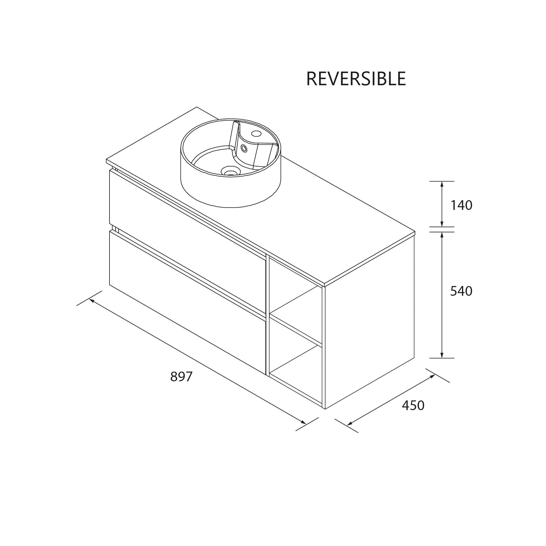 Imagen 6 de Mueble de baño 2 cajones coqueta derecha 2 huecos y Lavabo sobre encimera Bequia Salgar - Roble 100 cm Roble
