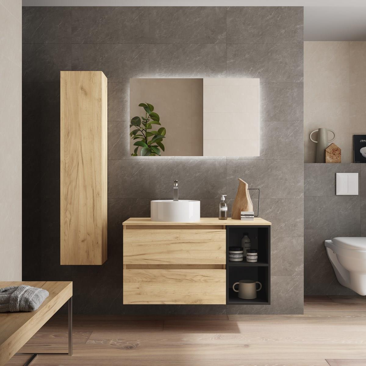 Imagen 2 de Mueble de baño 2 cajones coqueta derecha 2 huecos y Lavabo sobre encimera Bequia Salgar - Roble / Negro 100 cm Roble / Negro