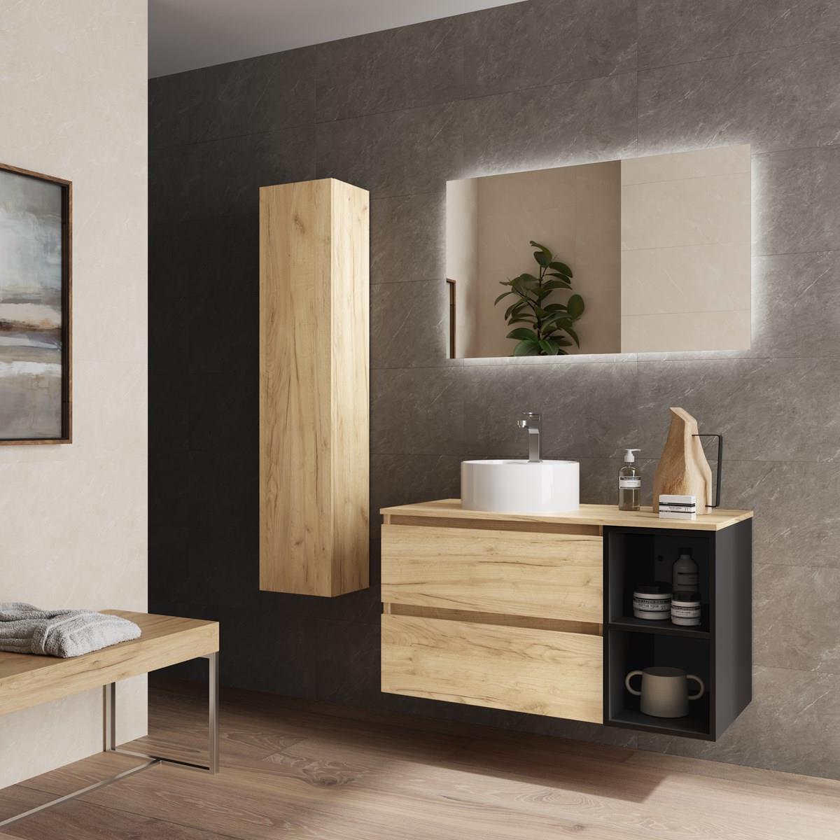 Imagen 3 de Mueble de baño 2 cajones coqueta derecha 2 huecos y Lavabo sobre encimera Bequia Salgar - Roble / Negro 100 cm Roble / Negro