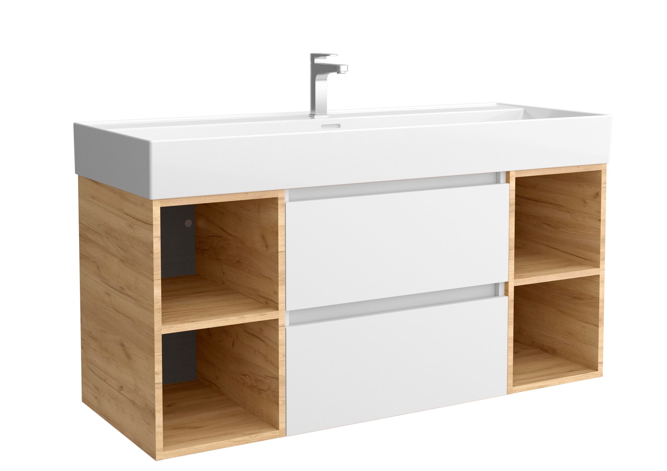 Imagen 1 de Mueble de baño Bequia 2 cajones 2 coquetas laterales 4 huecos con Lavabo de Porcelana - Blanco / Roble 120 cm Blanco / Roble
