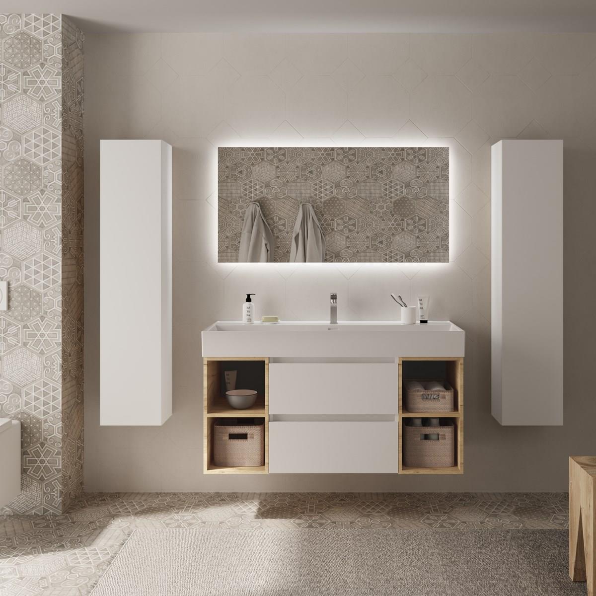 Imagen 2 de Mueble de baño Bequia 2 cajones 2 coquetas laterales 4 huecos con Lavabo de Porcelana - Blanco / Roble 120 cm Blanco / Roble