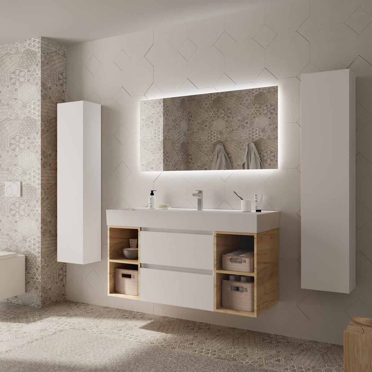 Imagen 3 de Mueble de baño Bequia 2 cajones 2 coquetas laterales 4 huecos con Lavabo de Porcelana - Blanco / Roble 120 cm Blanco / Roble