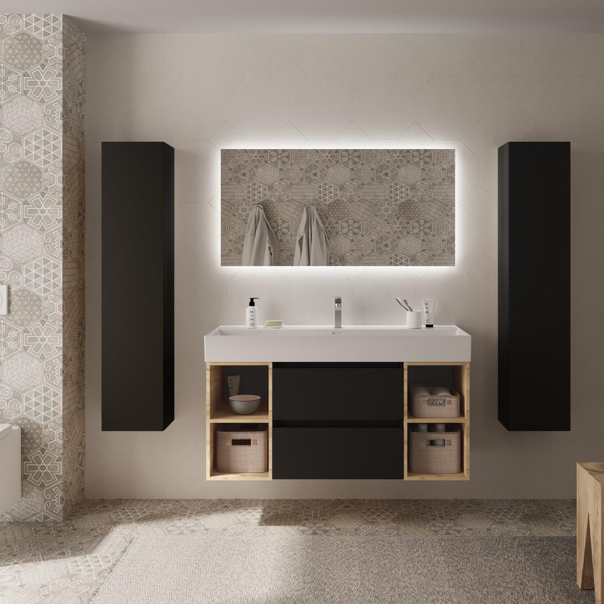 Imagen 2 de Mueble de baño Bequia 2 cajones 2 coquetas laterales 4 huecos con Lavabo de Porcelana - Negro 120 cm Negro