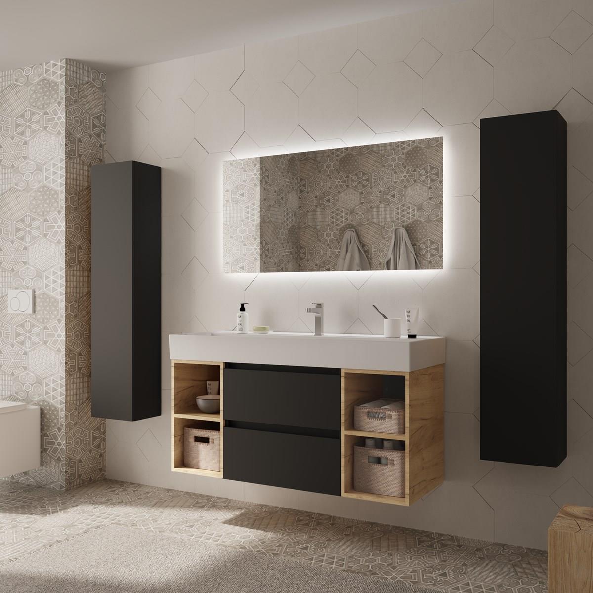 Imagen 3 de Mueble de baño Bequia 2 cajones 2 coquetas laterales 4 huecos con Lavabo de Porcelana - Negro 120 cm Negro