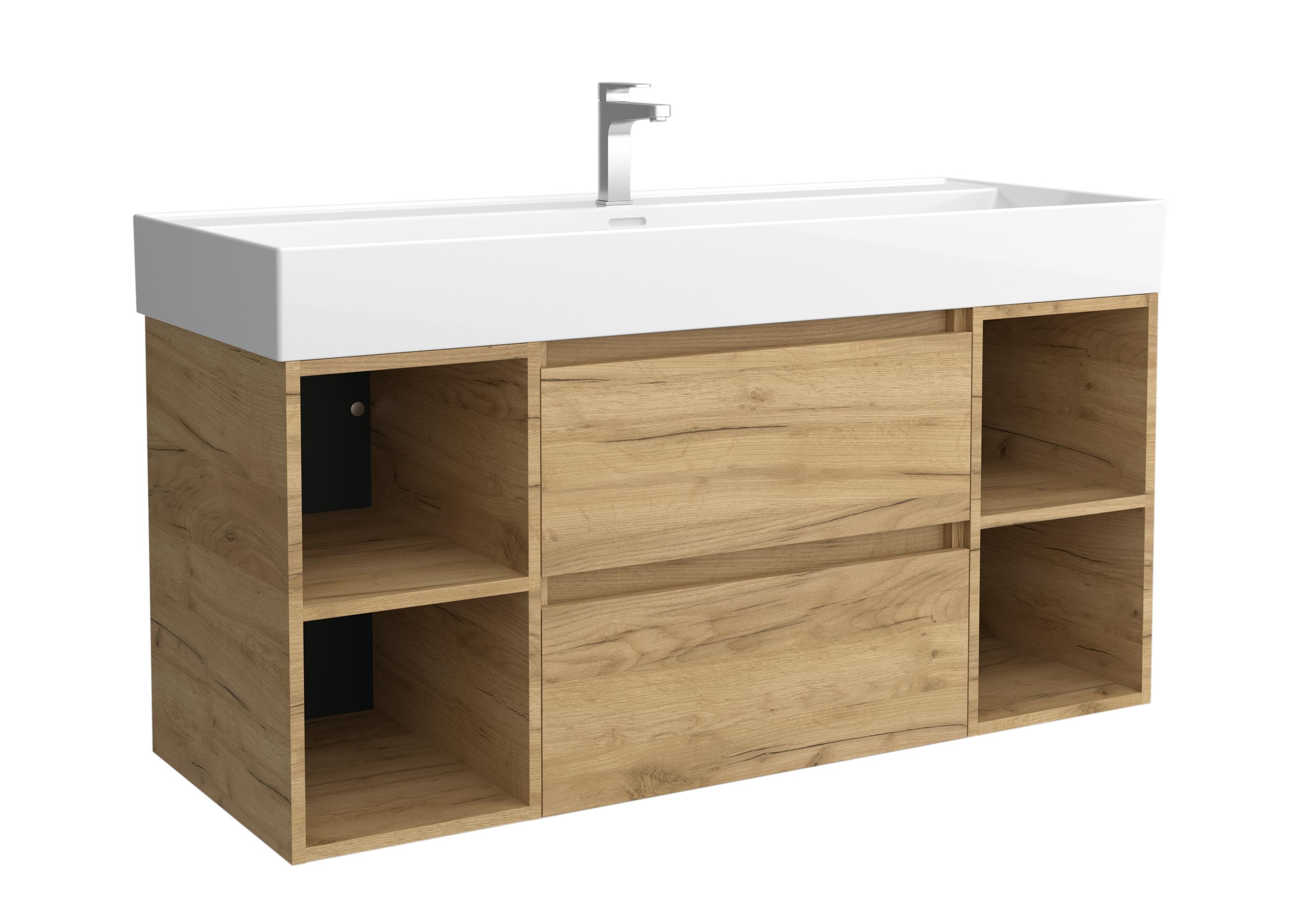Imagen 1 de Mueble de baño Bequia 2 cajones 2 coquetas laterales 4 huecos con Lavabo de Porcelana - Roble 120 cm Roble
