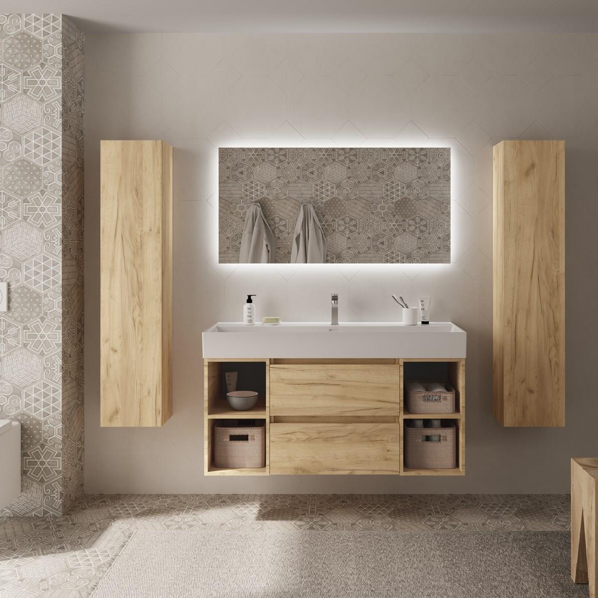 Imagen 2 de Mueble de baño Bequia 2 cajones 2 coquetas laterales 4 huecos con Lavabo de Porcelana - Roble 120 cm Roble