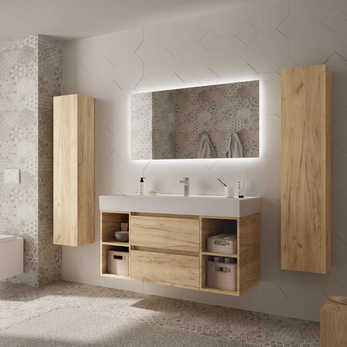 Imagen 3 de Mueble de baño Bequia 2 cajones 2 coquetas laterales 4 huecos con Lavabo de Porcelana - Roble 120 cm Roble
