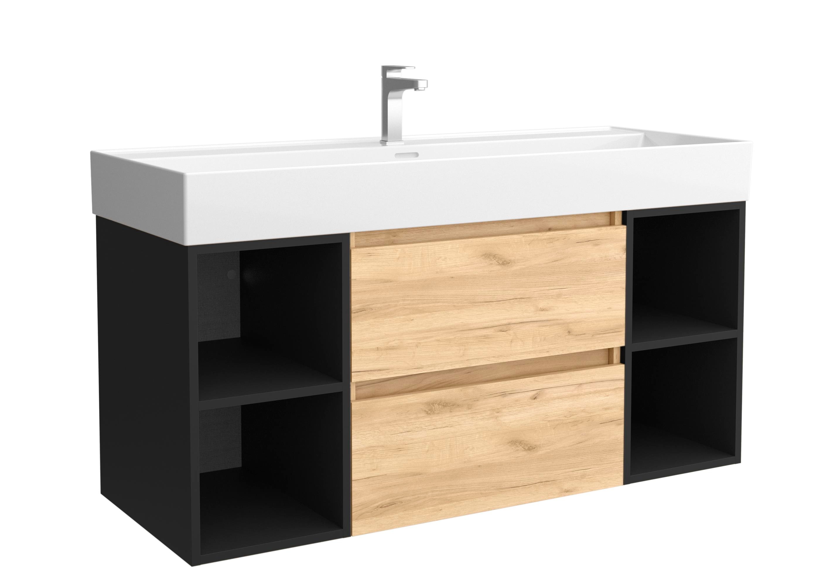 Imagen 1 de Mueble de baño Bequia 2 cajones 2 coquetas laterales 4 huecos con Lavabo de Porcelana - Roble / Negro 120 cm Roble / Negro