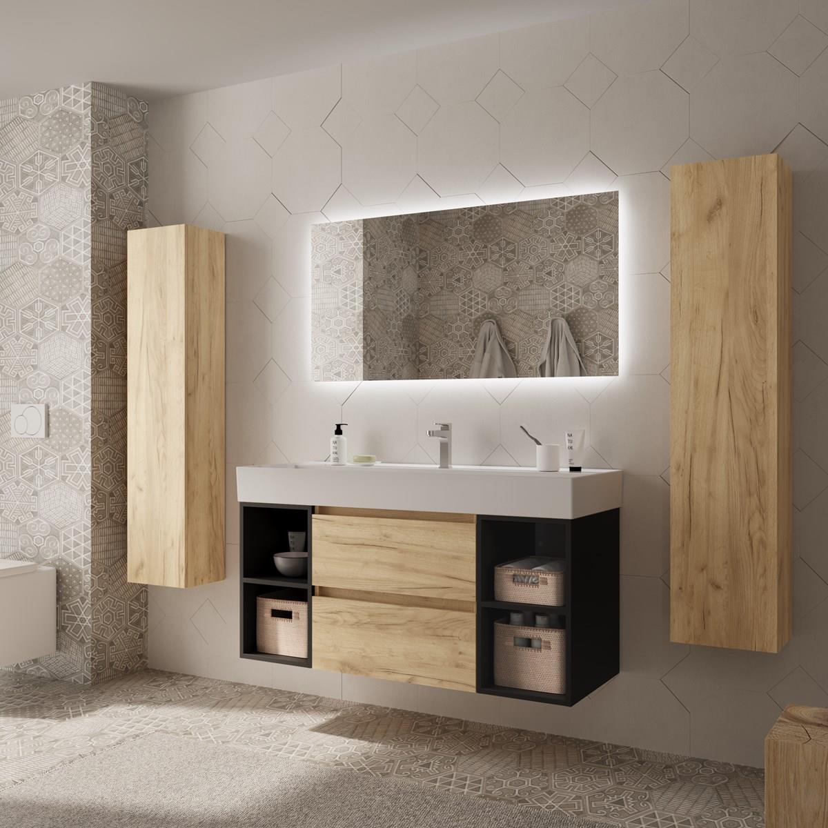 Imagen 3 de Mueble de baño Bequia 2 cajones 2 coquetas laterales 4 huecos con Lavabo de Porcelana - Roble / Negro 120 cm Roble / Negro