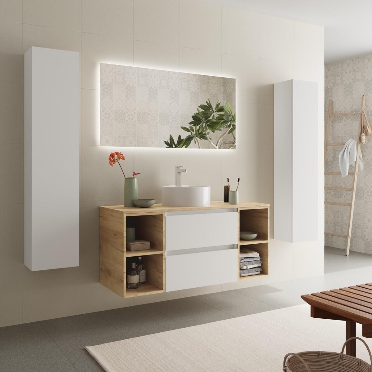 Imagen 3 de Mueble de baño 2 cajones 2 coquetas laterales 4 huecos y Lavabo sobre encimera - Blanco / Roble 120 cm Blanco / Roble