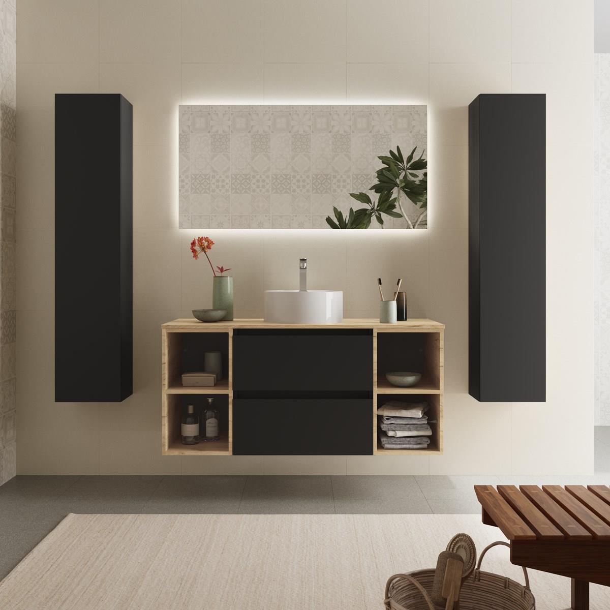 Imagen 2 de Mueble de baño 2 cajones 2 coquetas laterales 4 huecos y Lavabo sobre encimera - Negro 120 cm Negro