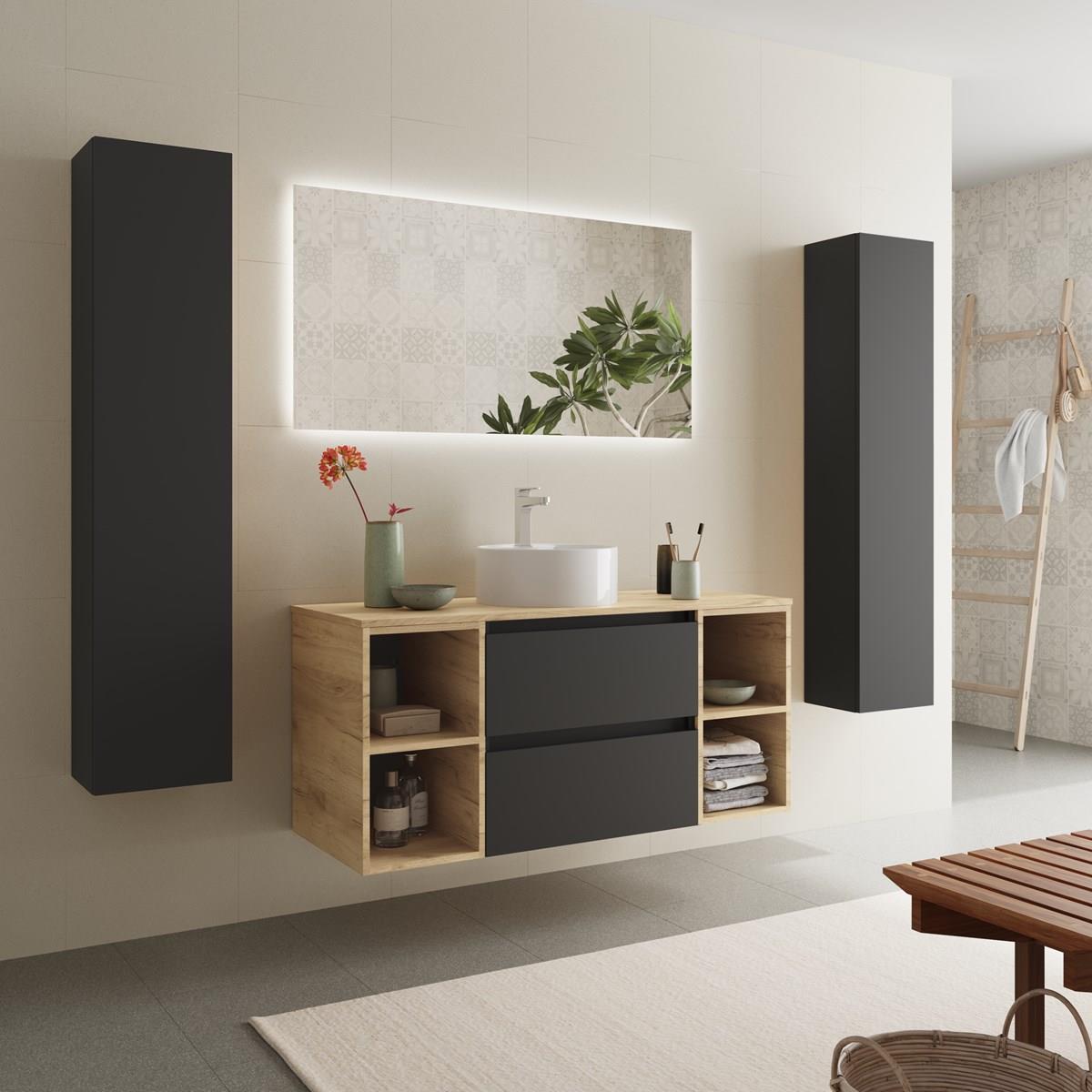 Imagen 3 de Mueble de baño 2 cajones 2 coquetas laterales 4 huecos y Lavabo sobre encimera - Negro 120 cm Negro
