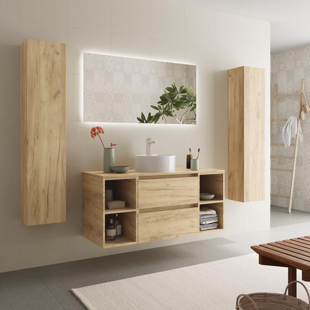Imagen 3 de Mueble de baño 2 cajones 2 coquetas laterales 4 huecos y Lavabo sobre encimera - Roble 120 cm Roble