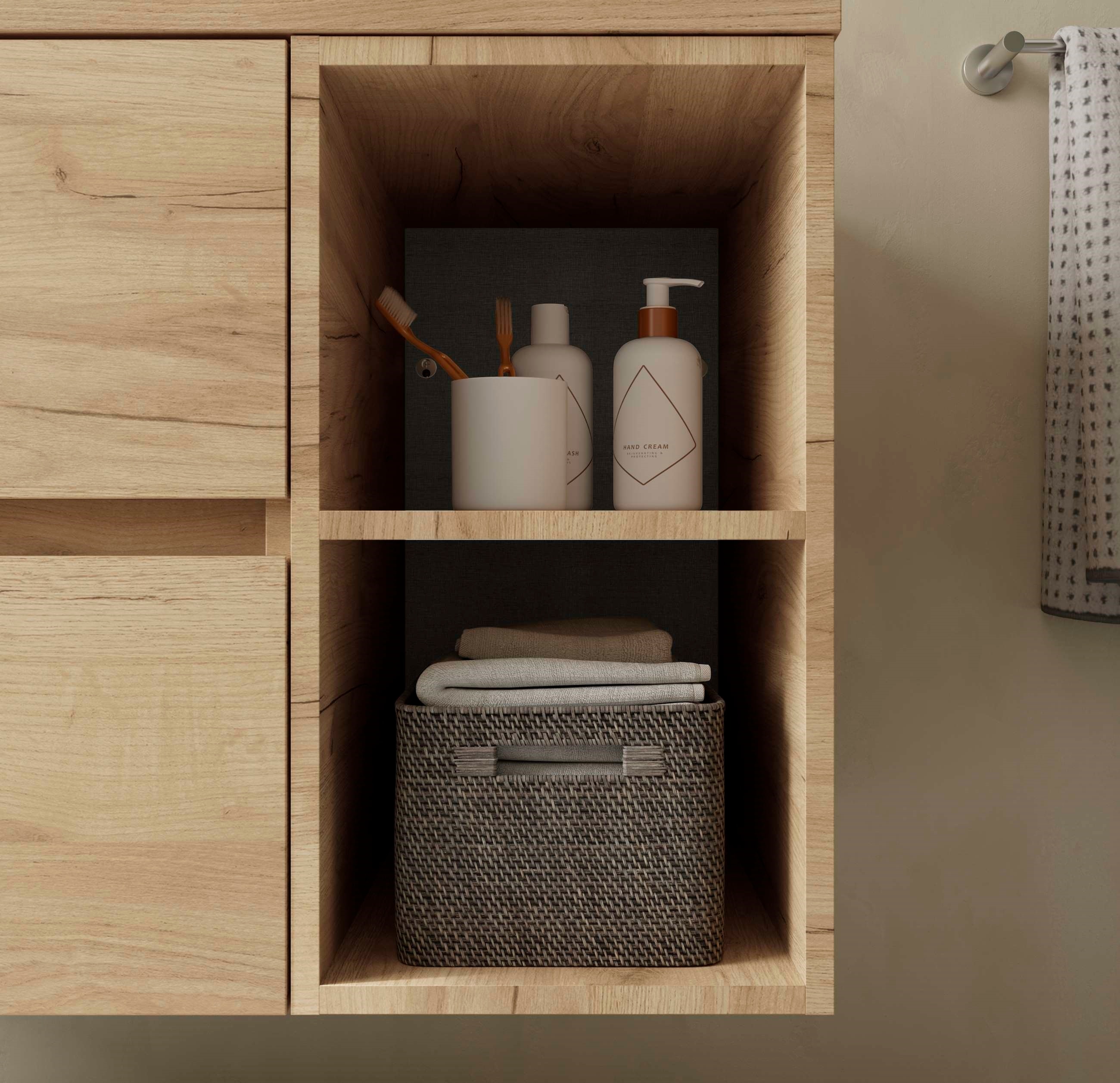 Imagen 5 de Mueble de baño 2 cajones 2 coquetas laterales 4 huecos y Lavabo sobre encimera - Roble 120 cm Roble