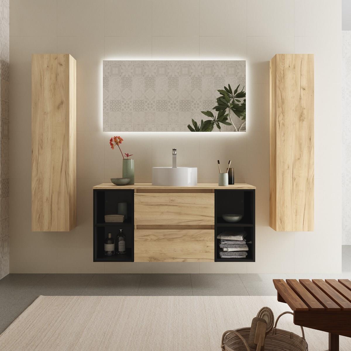 Imagen 2 de Mueble de baño 2 cajones 2 coquetas laterales 4 huecos y Lavabo sobre encimera - Roble / Negro 120 cm Roble / Negro
