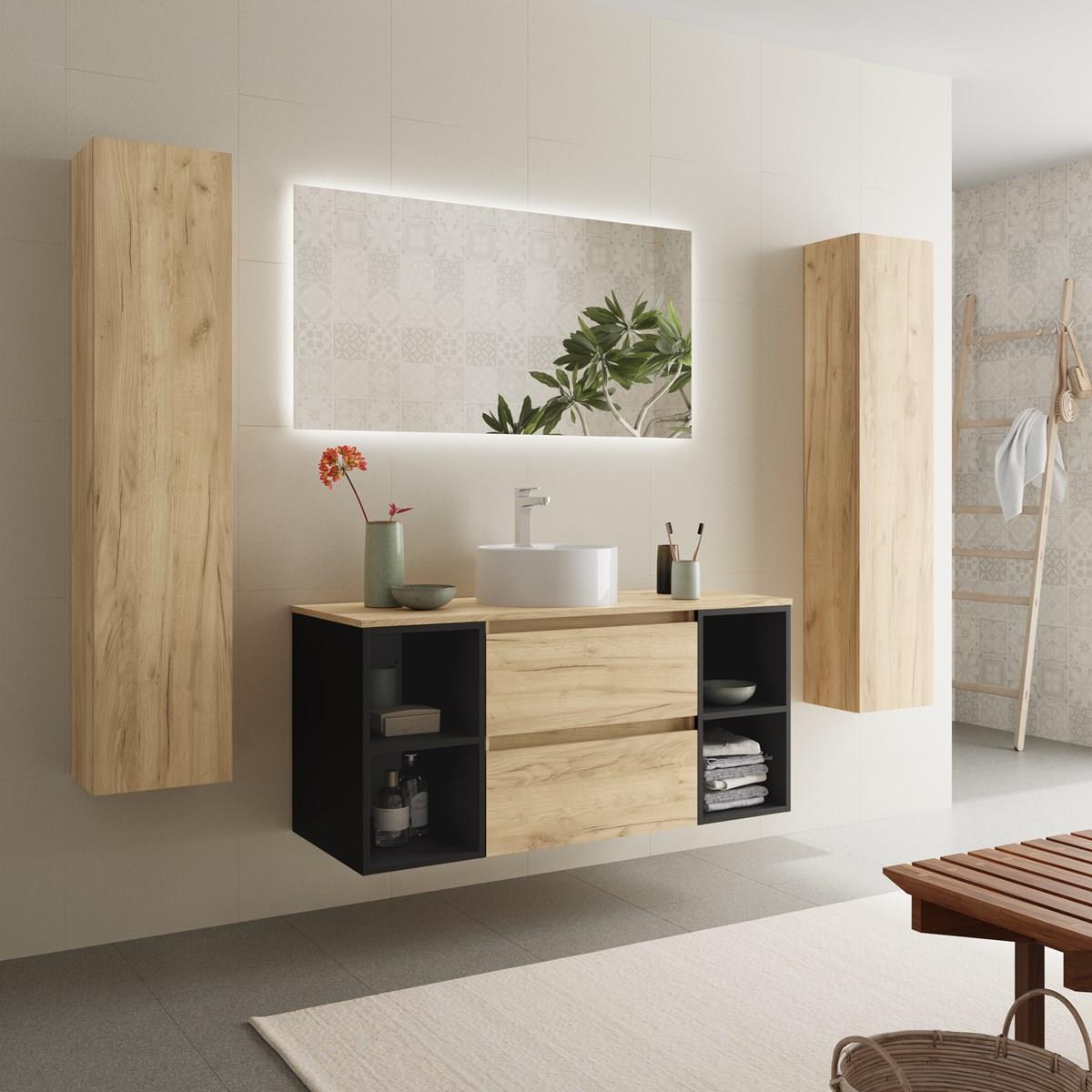 Imagen 3 de Mueble de baño 2 cajones 2 coquetas laterales 4 huecos y Lavabo sobre encimera - Roble / Negro 120 cm Roble / Negro