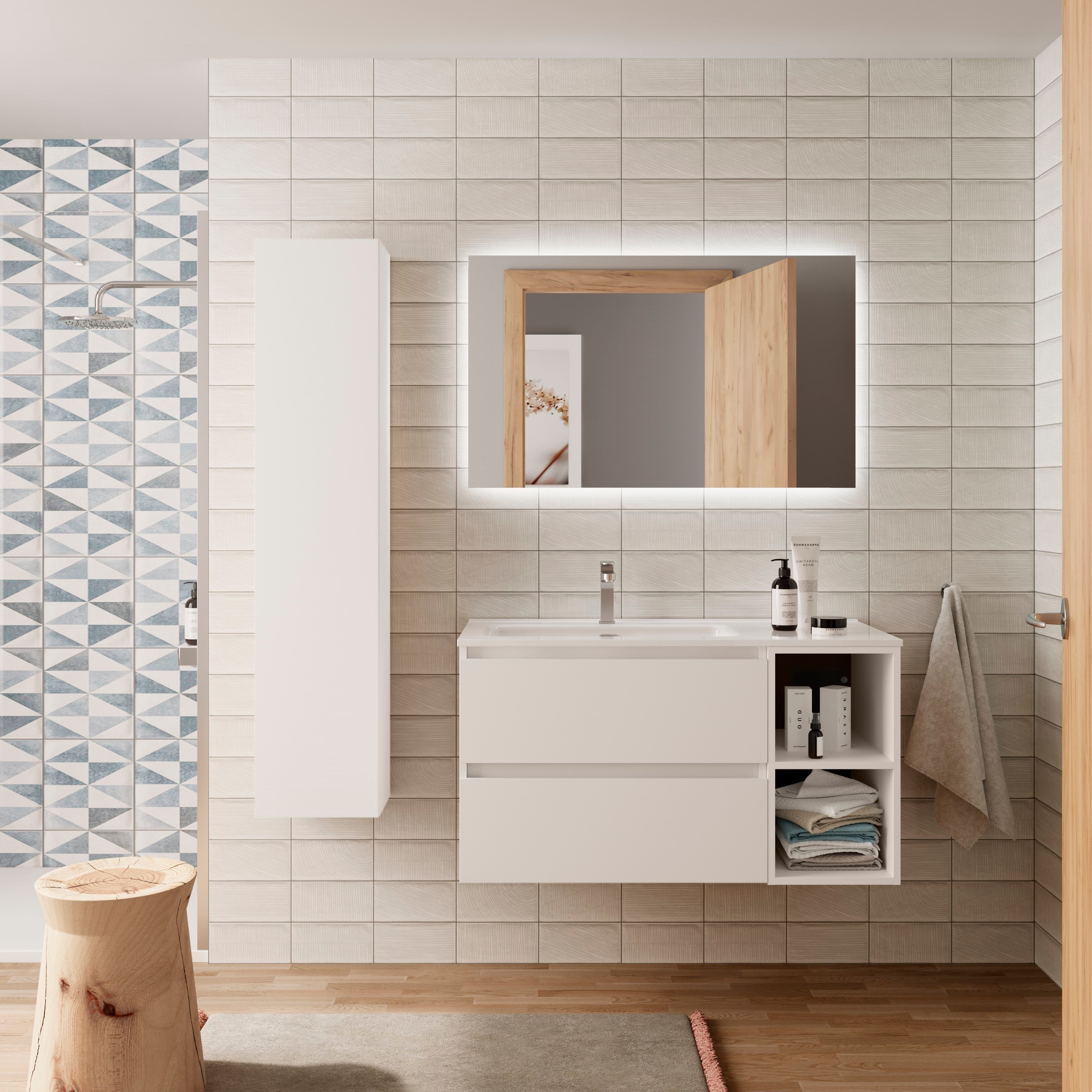Imagen 2 de Mueble de baño Bequia con Lavabo Oslo con Coqueta 2 huecos Derecha - Blanco 100 cm Blanco