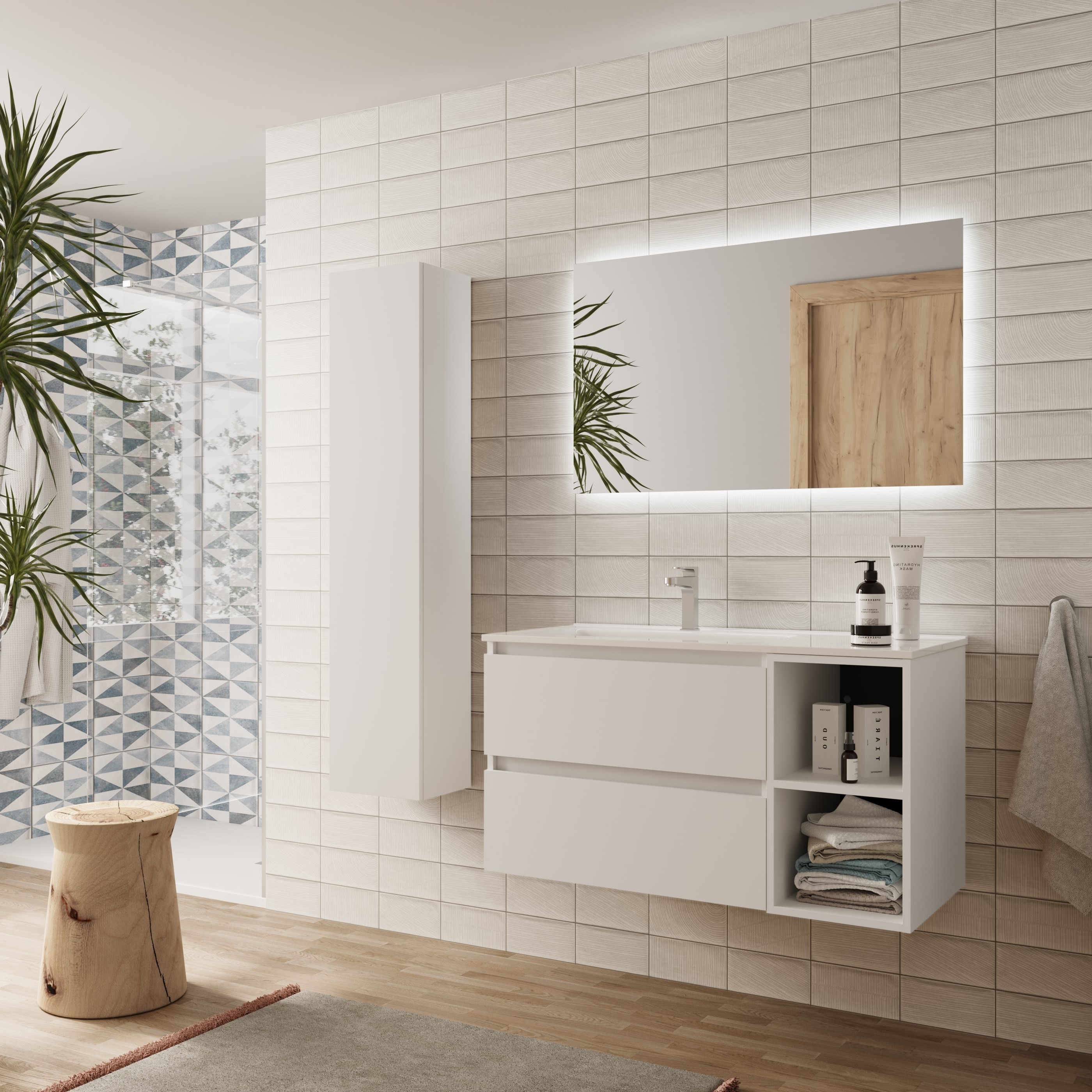 Imagen 3 de Mueble de baño Bequia con Lavabo Oslo con Coqueta 2 huecos Derecha - Blanco 100 cm Blanco