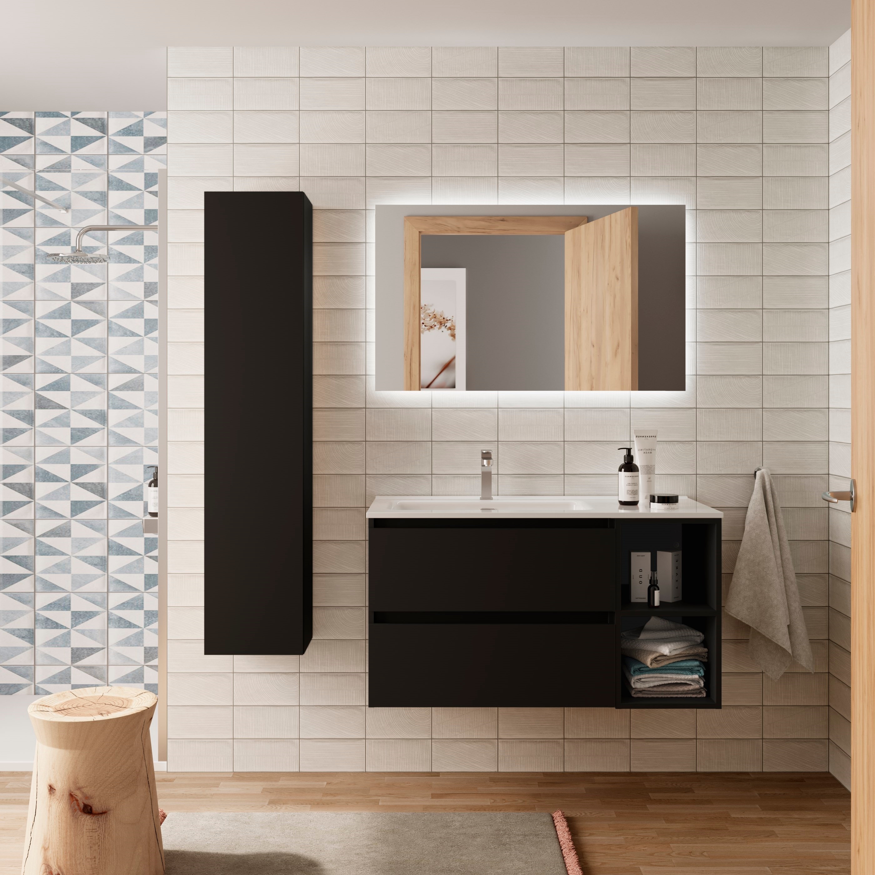 Imagen 2 de Mueble de baño Bequia con Lavabo Oslo con Coqueta 2 huecos Derecha - Negro 100 cm Negro