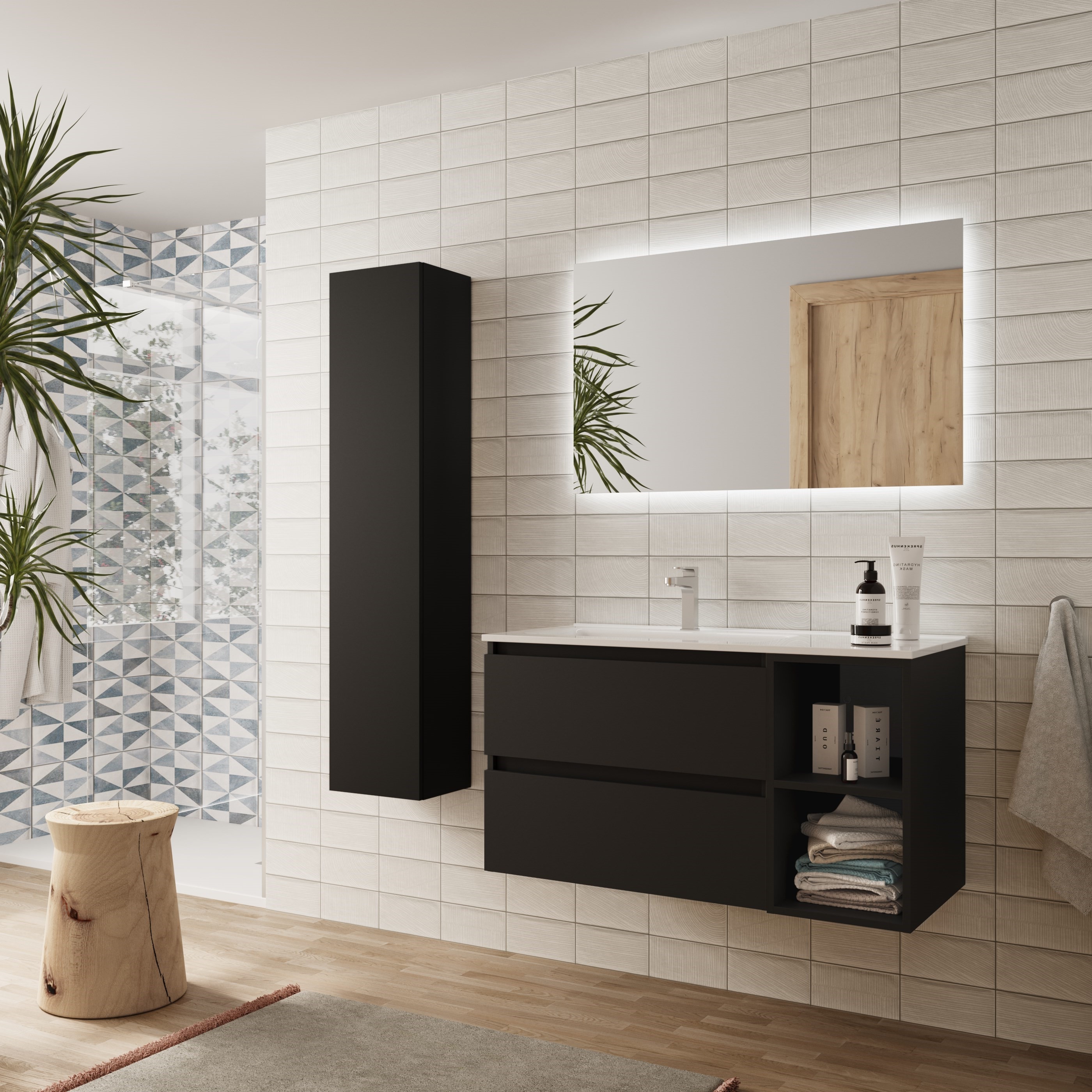 Imagen 3 de Mueble de baño Bequia con Lavabo Oslo con Coqueta 2 huecos Derecha - Negro 100 cm Negro