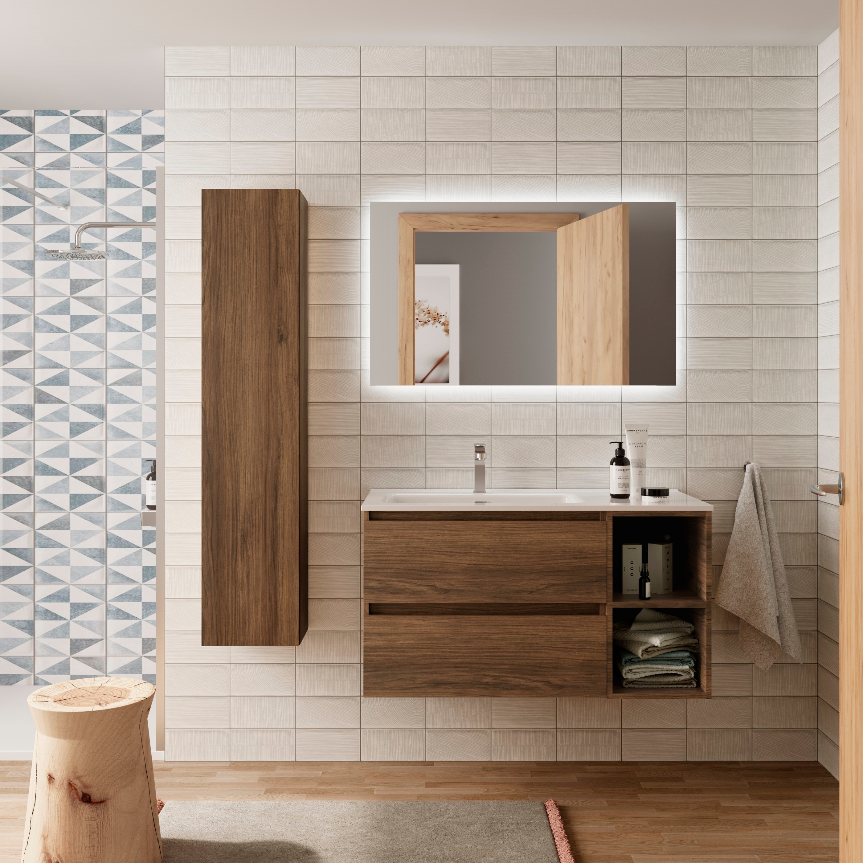 Imagen 2 de Mueble de baño Bequia con Lavabo Oslo con Coqueta 2 huecos Derecha - Nogal 100 cm Nogal